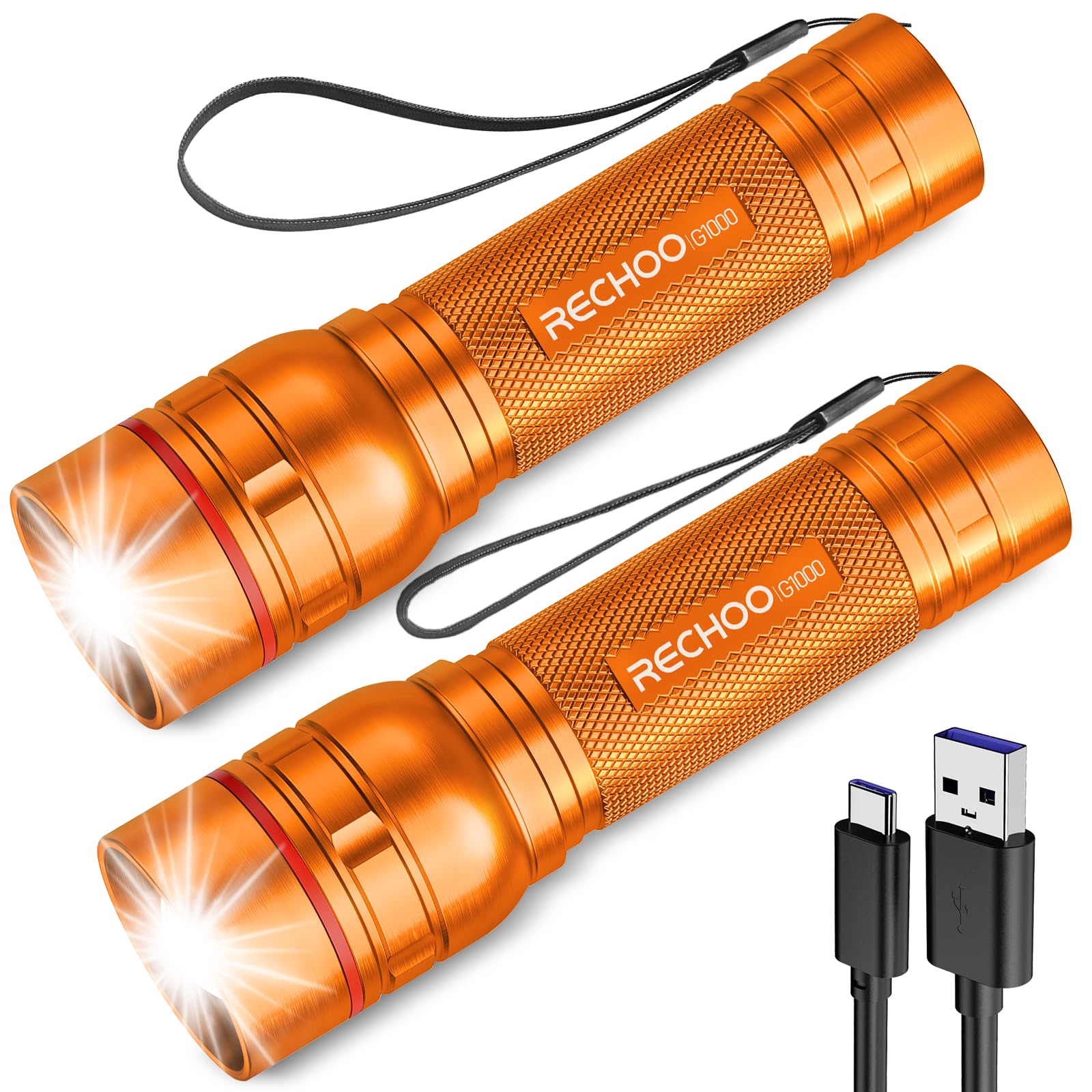 RECHOO G1000 Rechargeable Flashlights, 2 Pack, Aluminum, High Lumens, Zoomable, 3 Lighting Modes, Orange