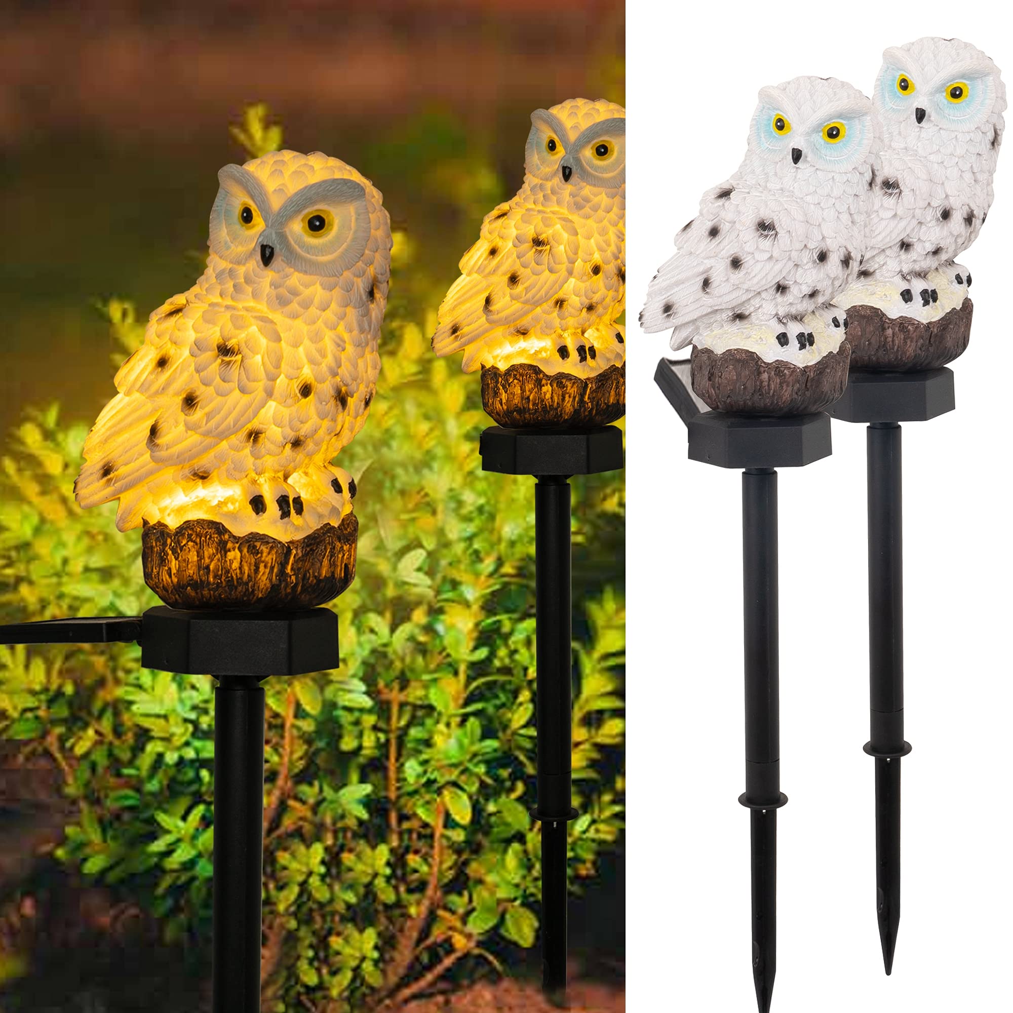 Dazzle Bright Owl Figure Solar LED Lights, Waterproof Resin Decorations, 2 Pack, White