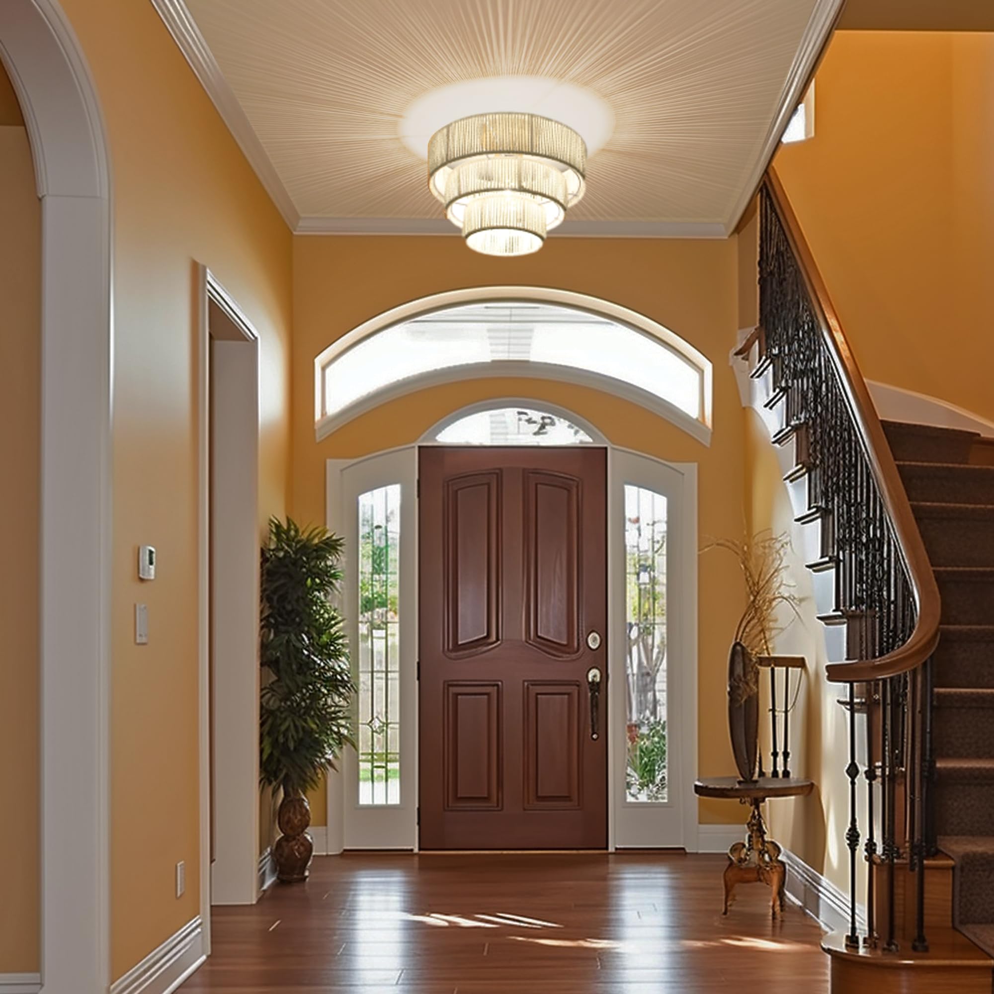 LigeroLuz Rattan Ceiling Light Fixture, Boho Design, LED Variable Bulb, 12.4in-Style B, White, Model CL-02