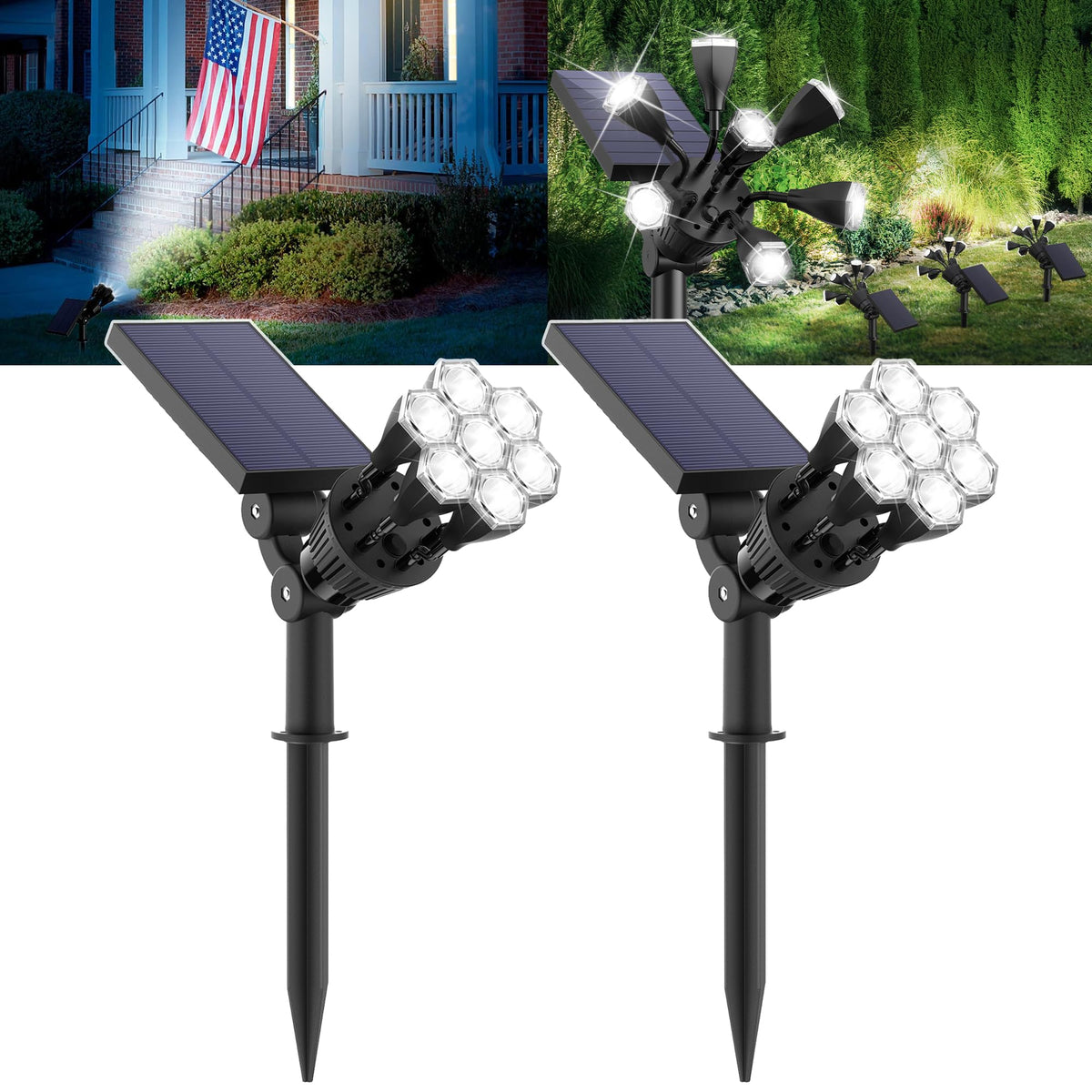 Solar Lights Outdoor Waterproof Ip68, 360° Adjustable 4 Modes Solar Powered Spot Lights For Yard Garden Landscape, Bright Led Flood Lightings For Outside Wall Tree House Pathway (Cold White/2 Pack)
