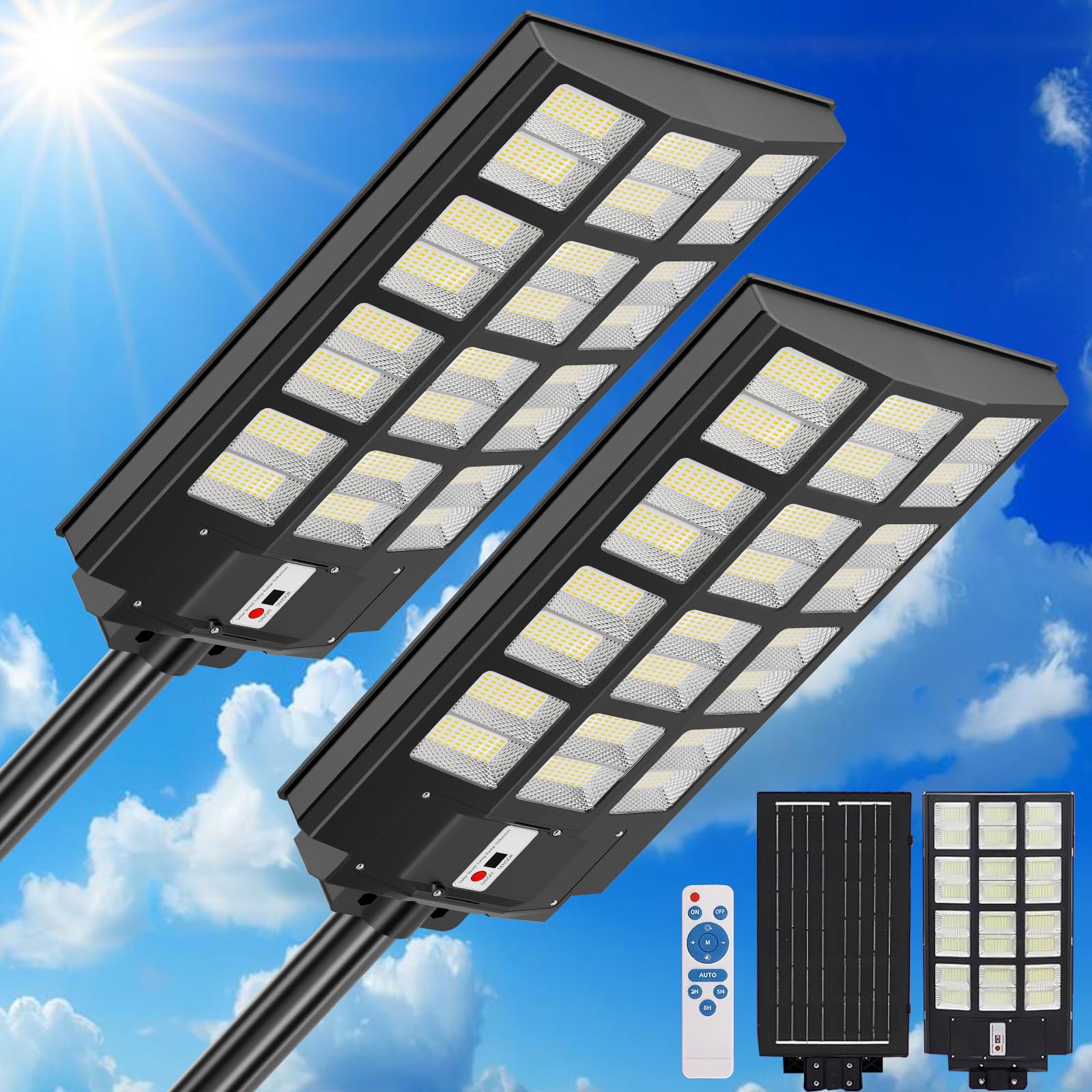 Qoeudd 2 Pack Solar Street Lights, 12000W Ip66 Waterproof, 600000Lm Dusk To Dawn Flood Light For Garden, Courtyard, Yard