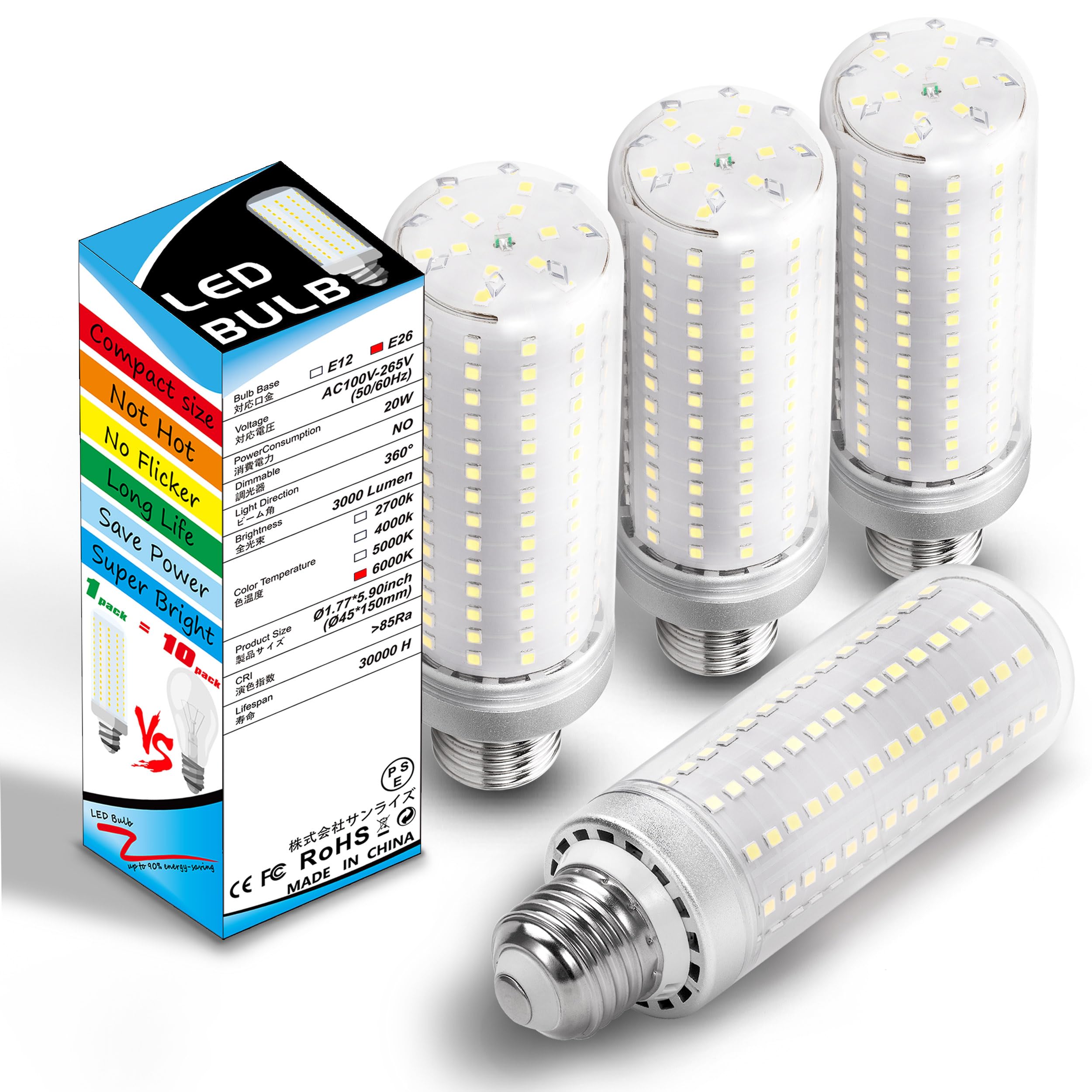 Big 1.77X 5.9 Inch E26 Led Corn Light Bulb 200W Equivalent 3000 Lm 6000K Cool Daylight Bright,20W E27 Medium Base Non-Dimmable C
