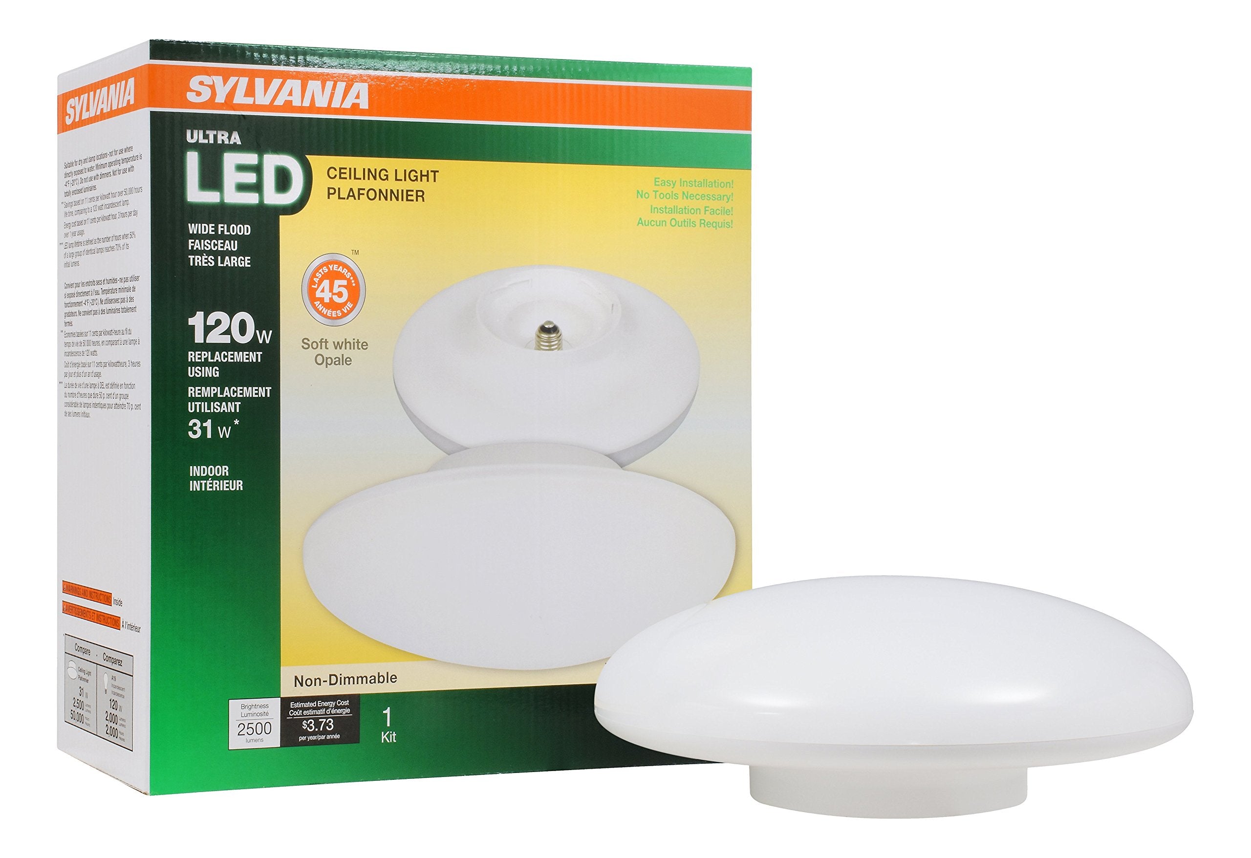 Sylvania Ultra Led Porcelain Ceiling Light Fixture, 120W Equivalent Efficient 31W, Energy Star, Non-Dimmable, Medium Base, 2700K