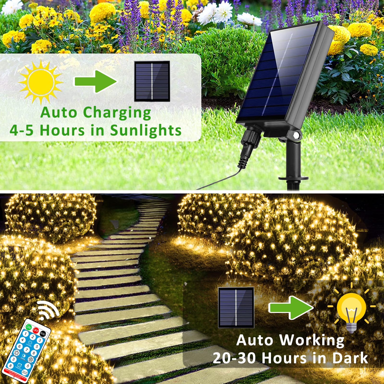 FunNite Solar Net Lights 240 LED Waterproof Mesh 11.5ft x 5ft Remote Control Warm White