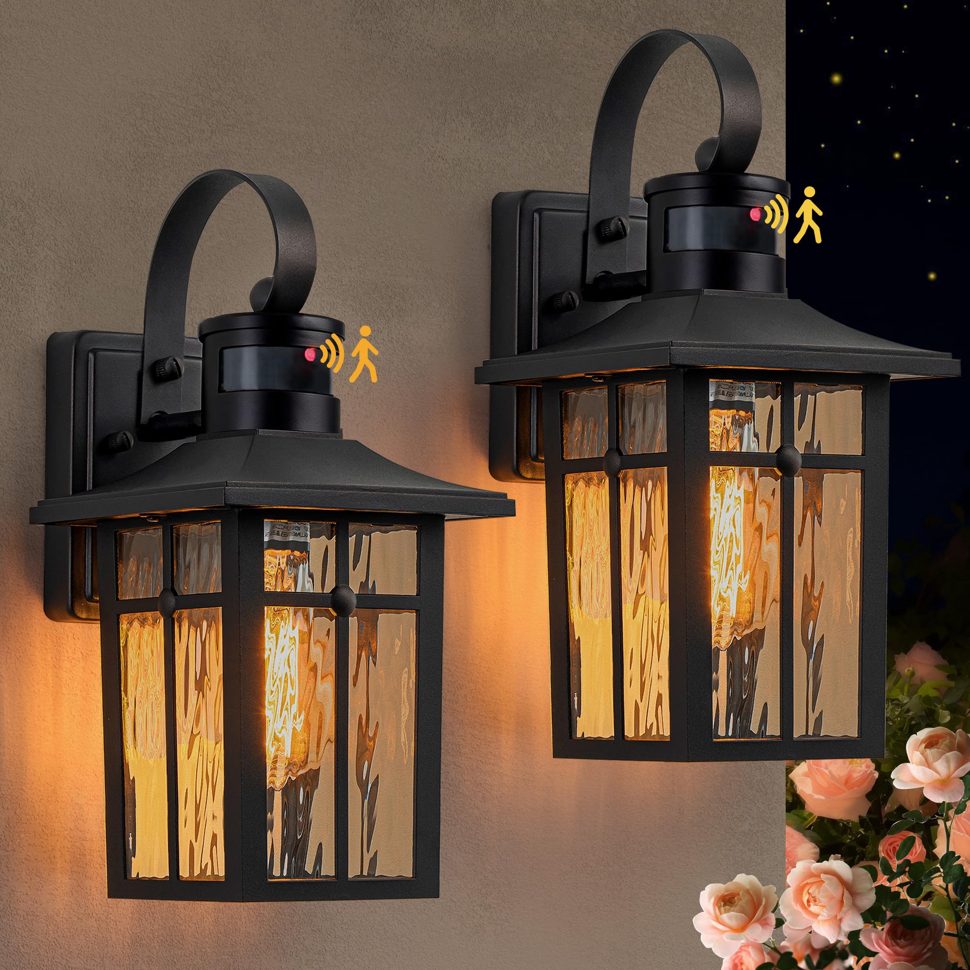 Lawyettle Motion Sensor Outdoor Wall Lights 2 Pack, Aluminum Dusk to Dawn Exterior Light Fixtures with Ripple Glass, 3 Lighting 