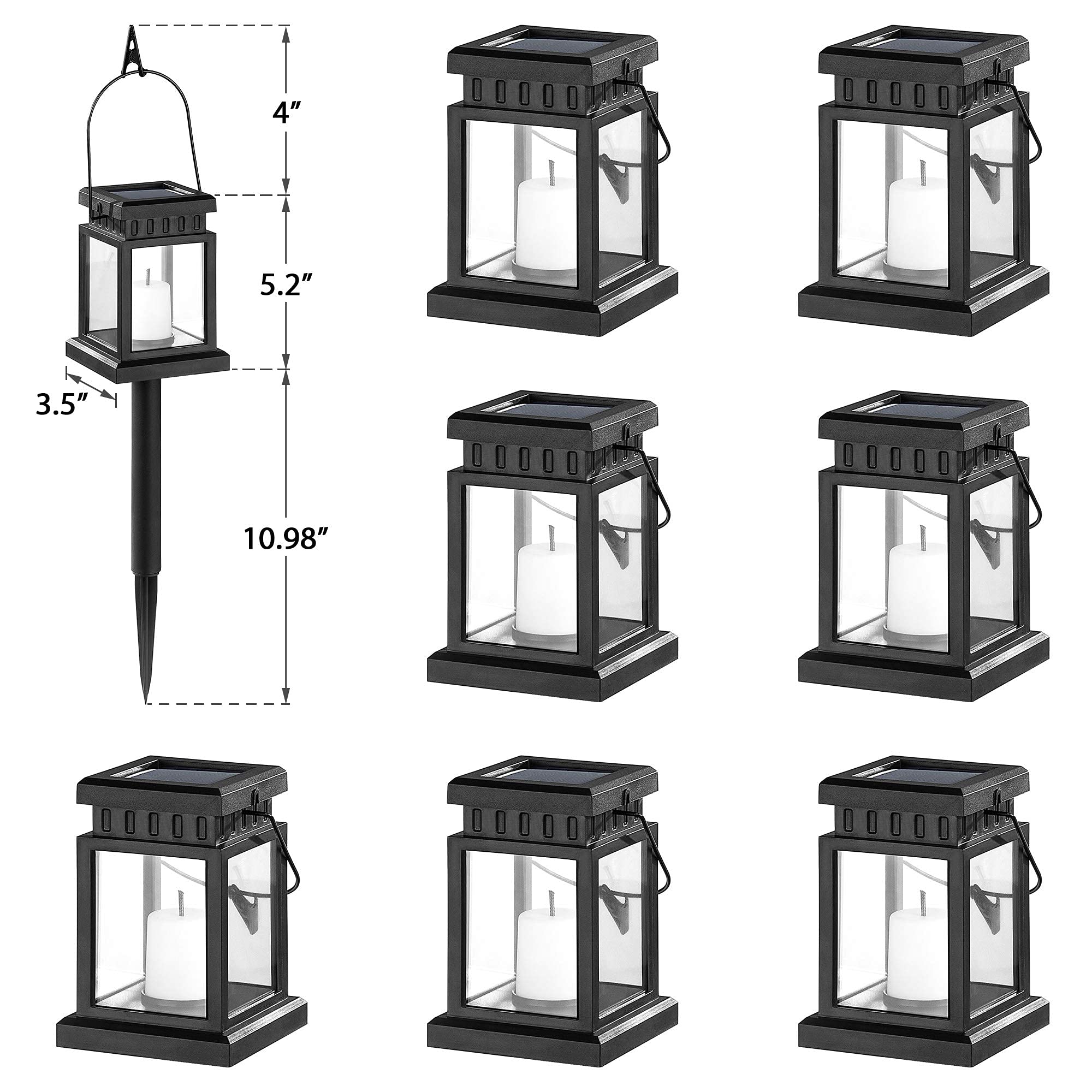 SOLPEX Solar Lanterns Outdoor - 8 Pack LED Hanging Lights, Waterproof, Candle Effect, Black, 3.5"x3.5"x16.2", Model 8374-X
