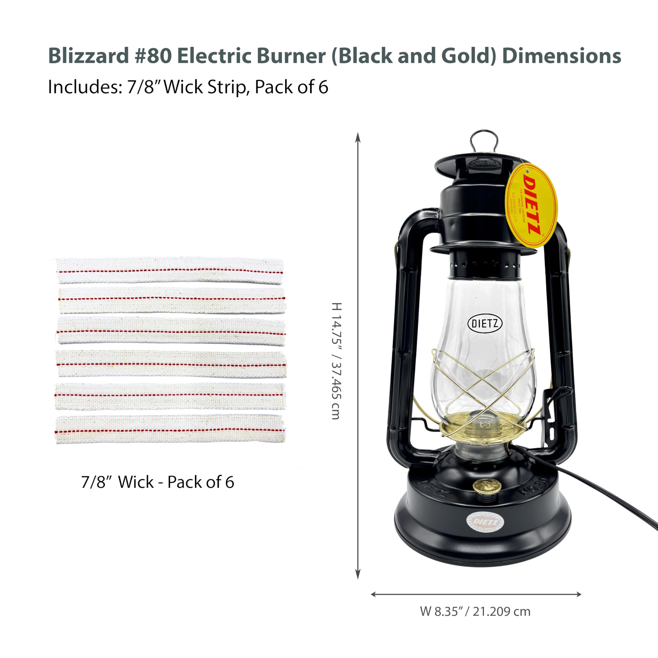 Light of Mine - Dietz #80 Blizzard Oil Lantern with 7/8 Replacement Wick Strips (Black with Gold Trim with Electric Conversion K
