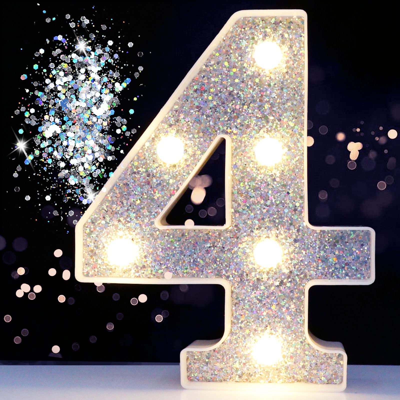 Pooqla Marquee Number 4 Light, Battery-Powered Silver Glitter Night Light for Christmas Wedding Home Bar Birthday Party Decor