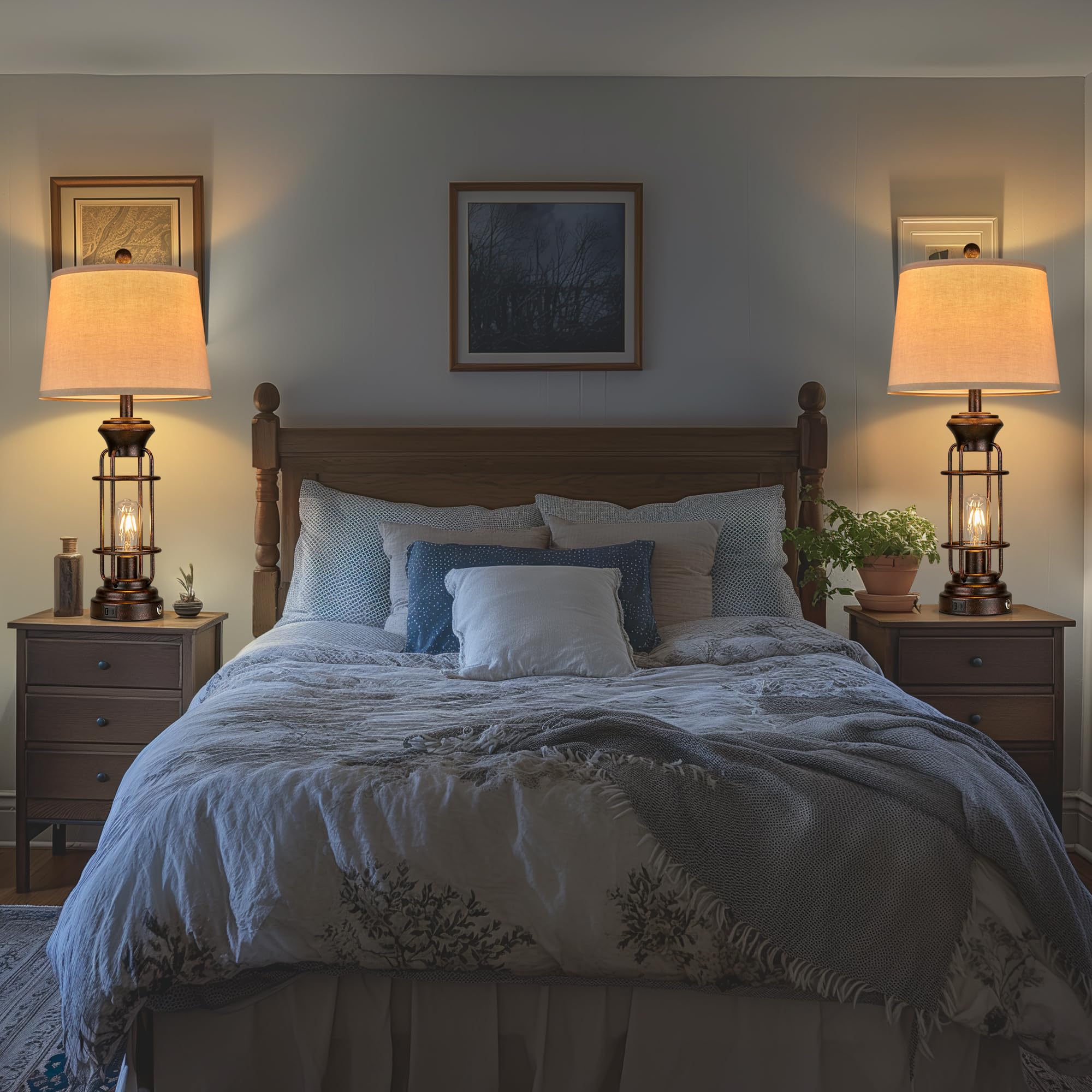 Reaketon Table Lamps For Living Room Set Of 2, 28'' Tall Farmhouse Table Lamp With Usb C+A Ports, Bedroom Lamps For Nightstand W