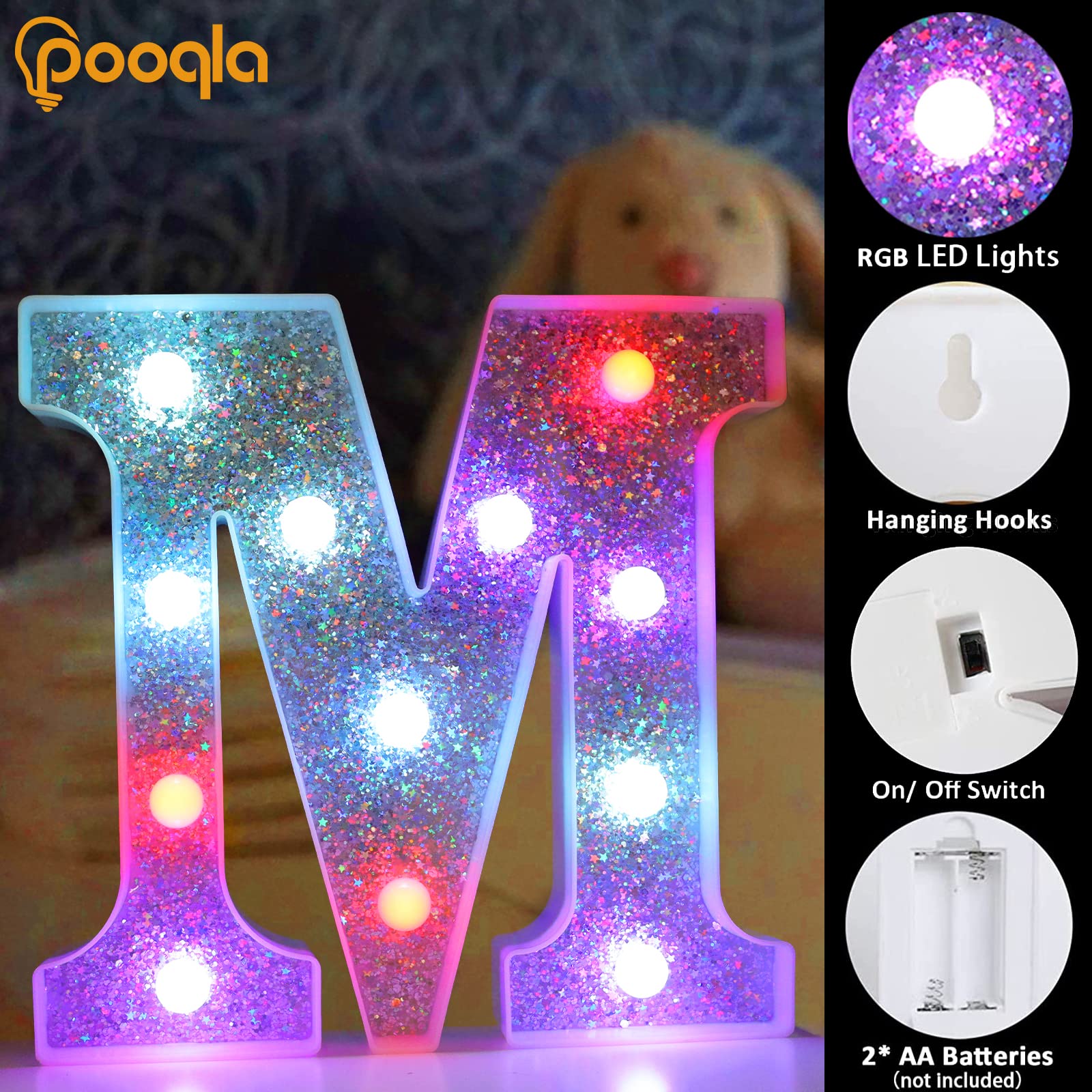 Pooqla LED Marquee Letter Light, Battery Operated, 16 Colors, Silver, Letter M