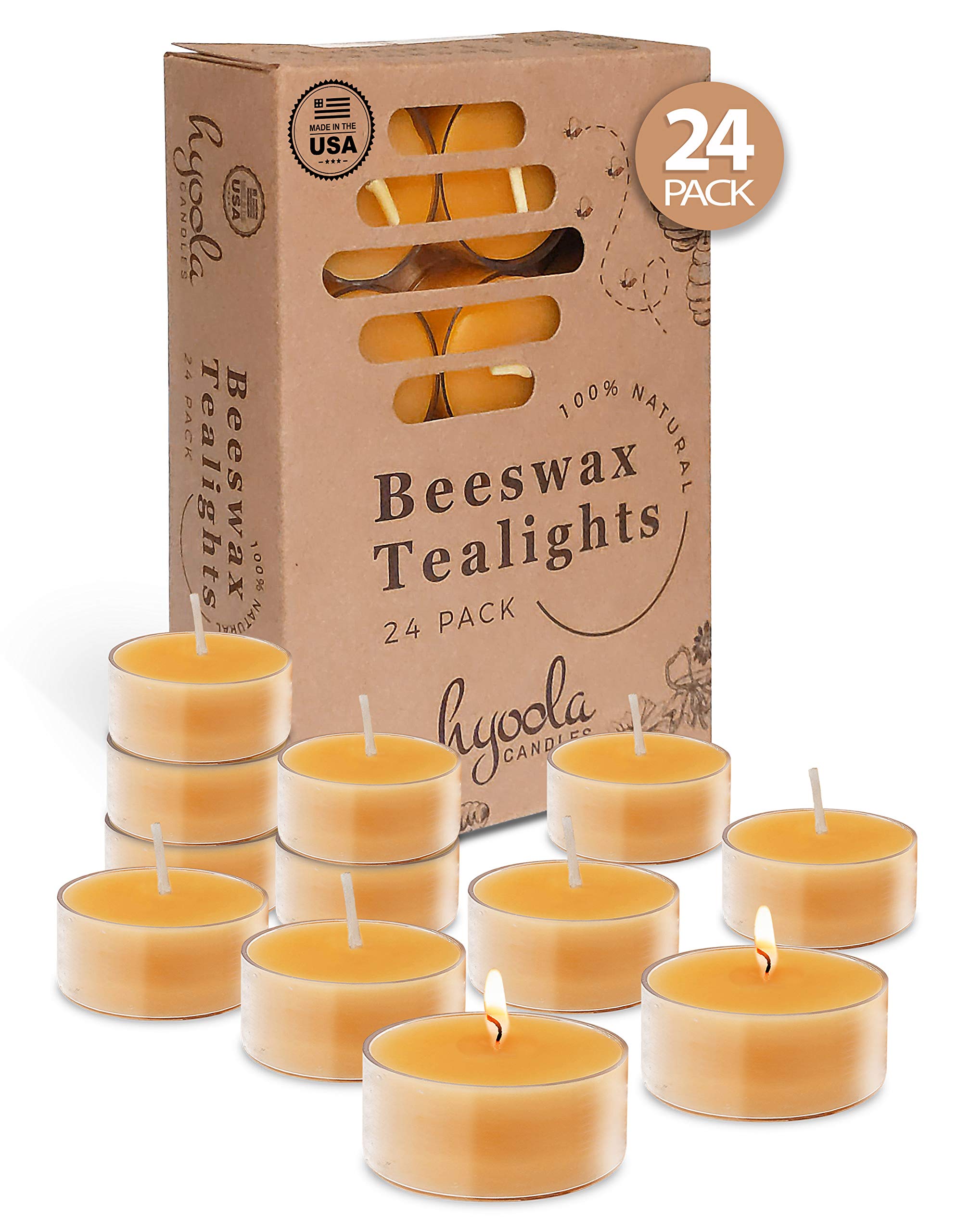 Hyoola Pure Beeswax Tea Lights, Handmade Decorative Unscented, Tealight Candles, 4 Hour Burn Time, Clear Cup (Pack Of 24)