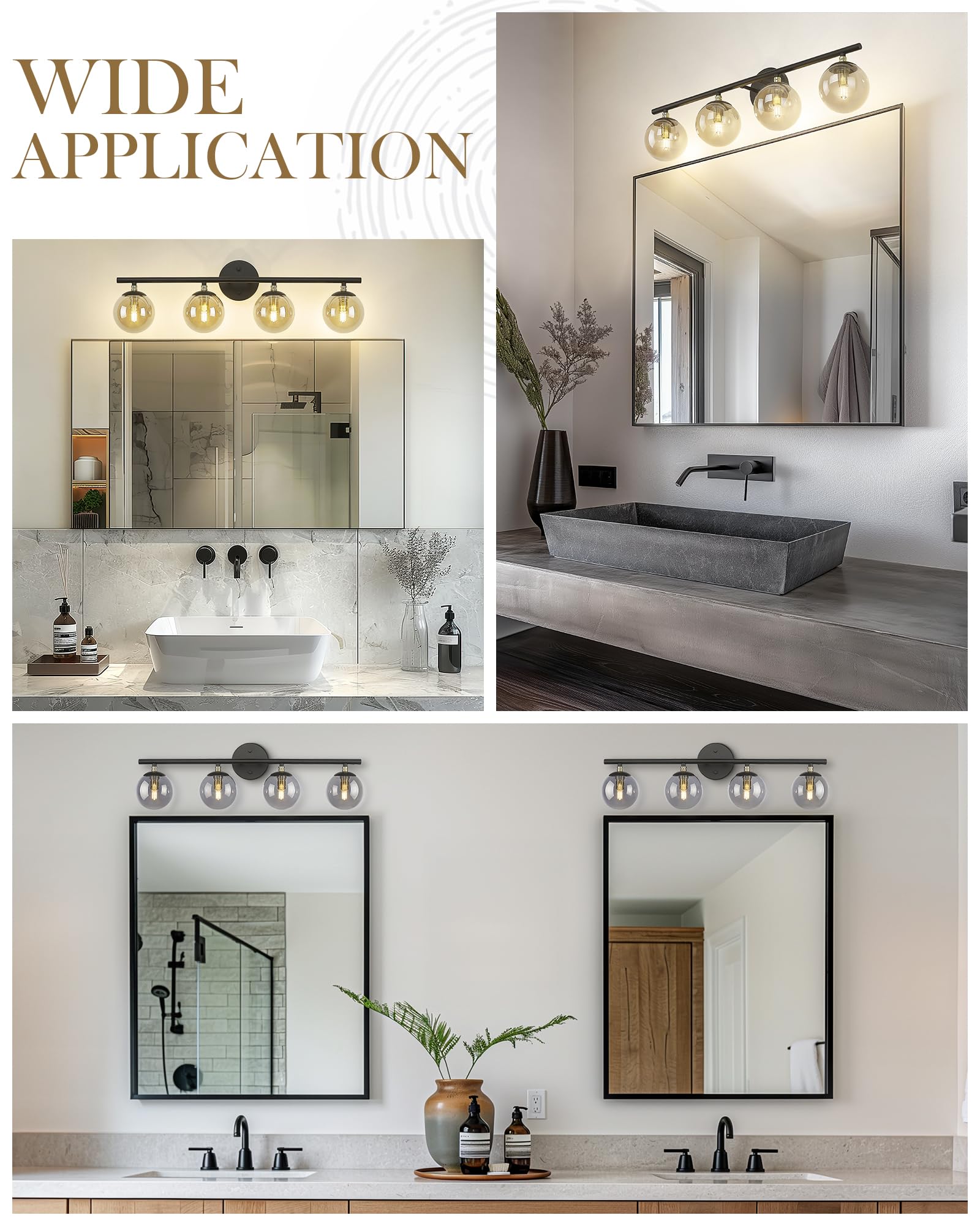 Lms 4-Light Matte Black Vanity Light, Modern Bathroom Lighting Over Mirror, Black And Brass Gold Finish With Globe Glass Shade,