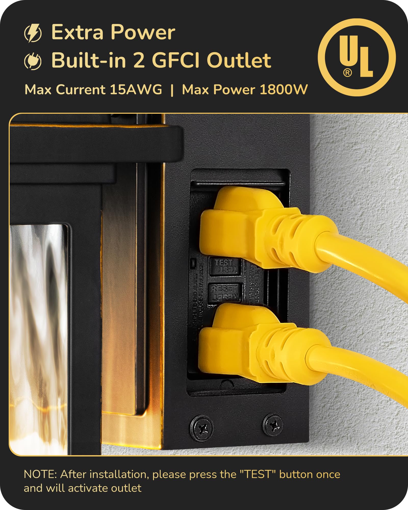 EDISHINE Outdoor Wall Light with Motion Sensor, GFCI Outlet, Waterproof - Black and Gold, Model HOWL08C