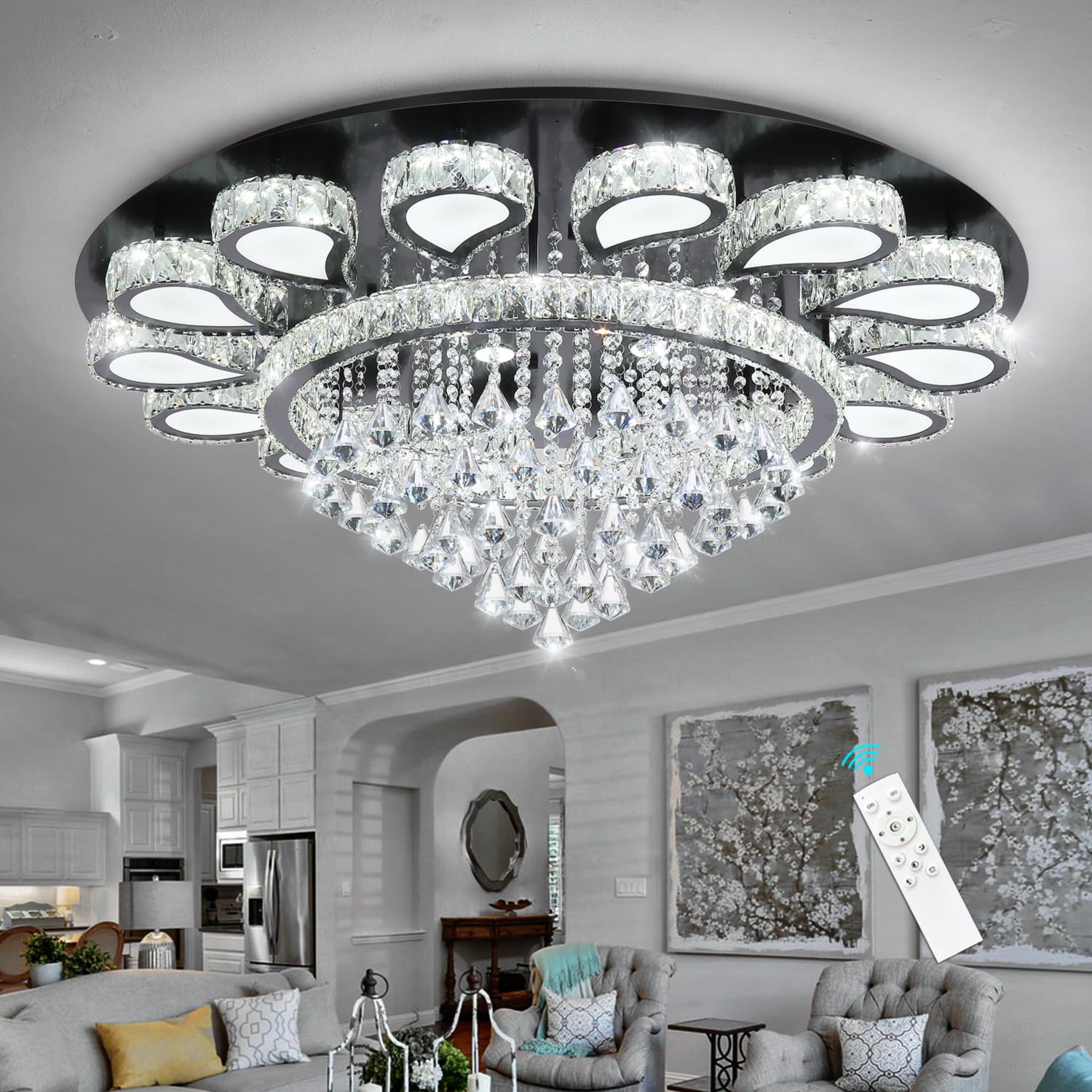 HAIXIANG Glam Crystal Chandelier for Living Room Dining Room Lights Sloped Ceiling Light Fixtures Elegant Modern Remote Dimmbale Lighting Black 40 Inches