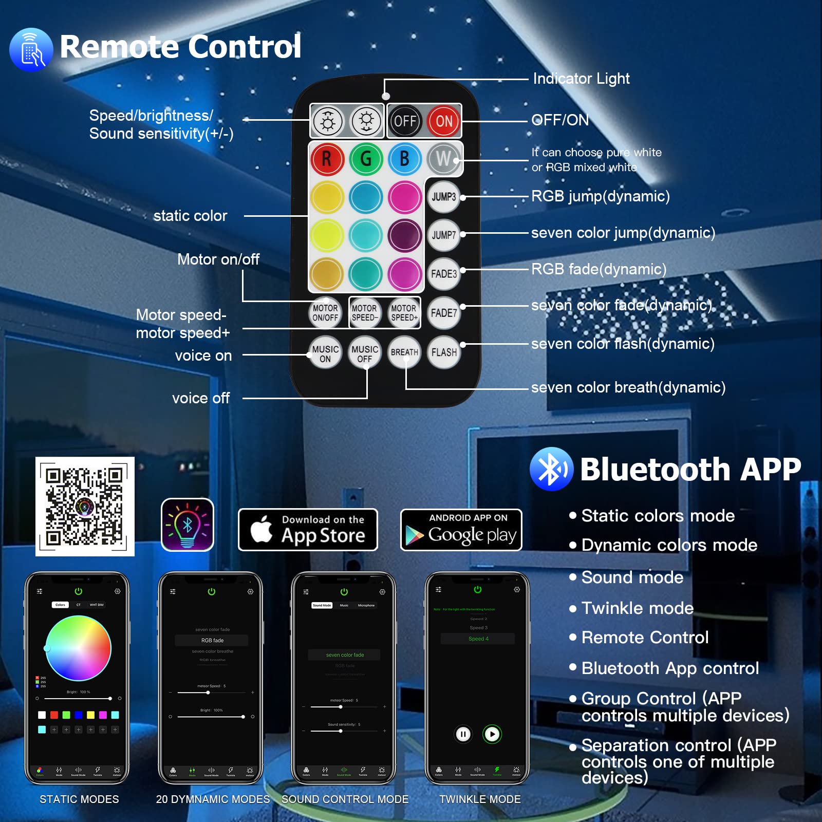 AMKI Updated 16W Starlight Headliner Kits 650pcs 0.03in 9.8ft Twinkle + Music Mode Mixed APP Remote Sound Control Car Home RGBW