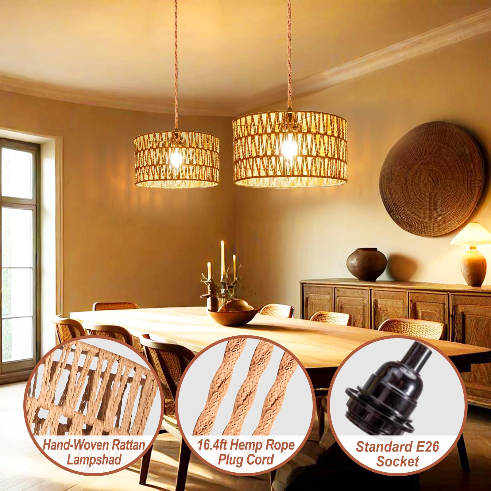 Eqquorva Hanging Lights With Plug In Cord Rattan Hanging Lamp Boho Ceiling Light Fixtures Farmhouse Pendant Lamp Shape For Livin