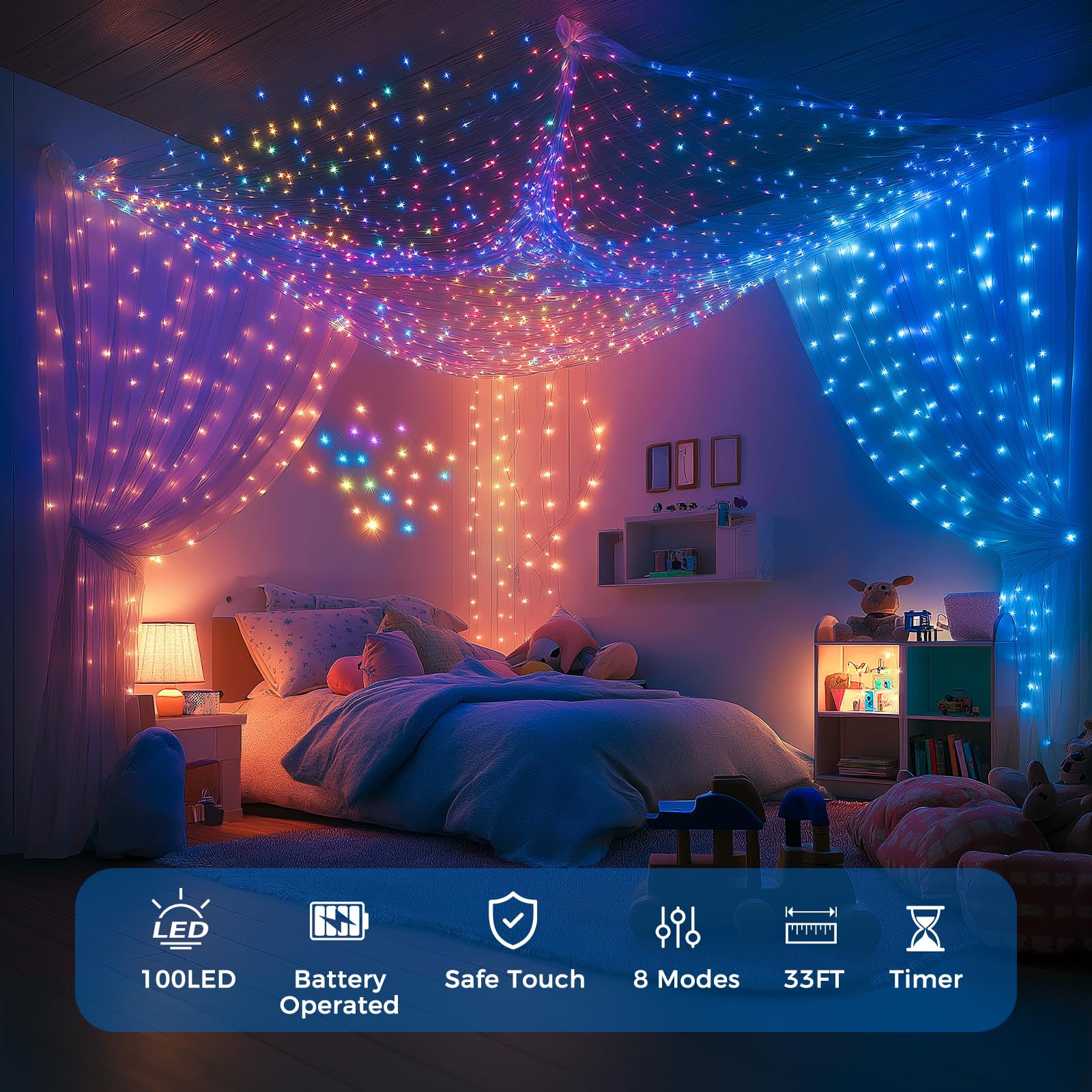 Wdtpro Fairy Lights Battery Operated With Remote, 33Ft 100 Led Battery Powered String Lights With Timer, Outdoor Waterproof 8 Modes Twinkle Lights For Bedroom Indoor Christmas Decor Multicolor, 4 Pack