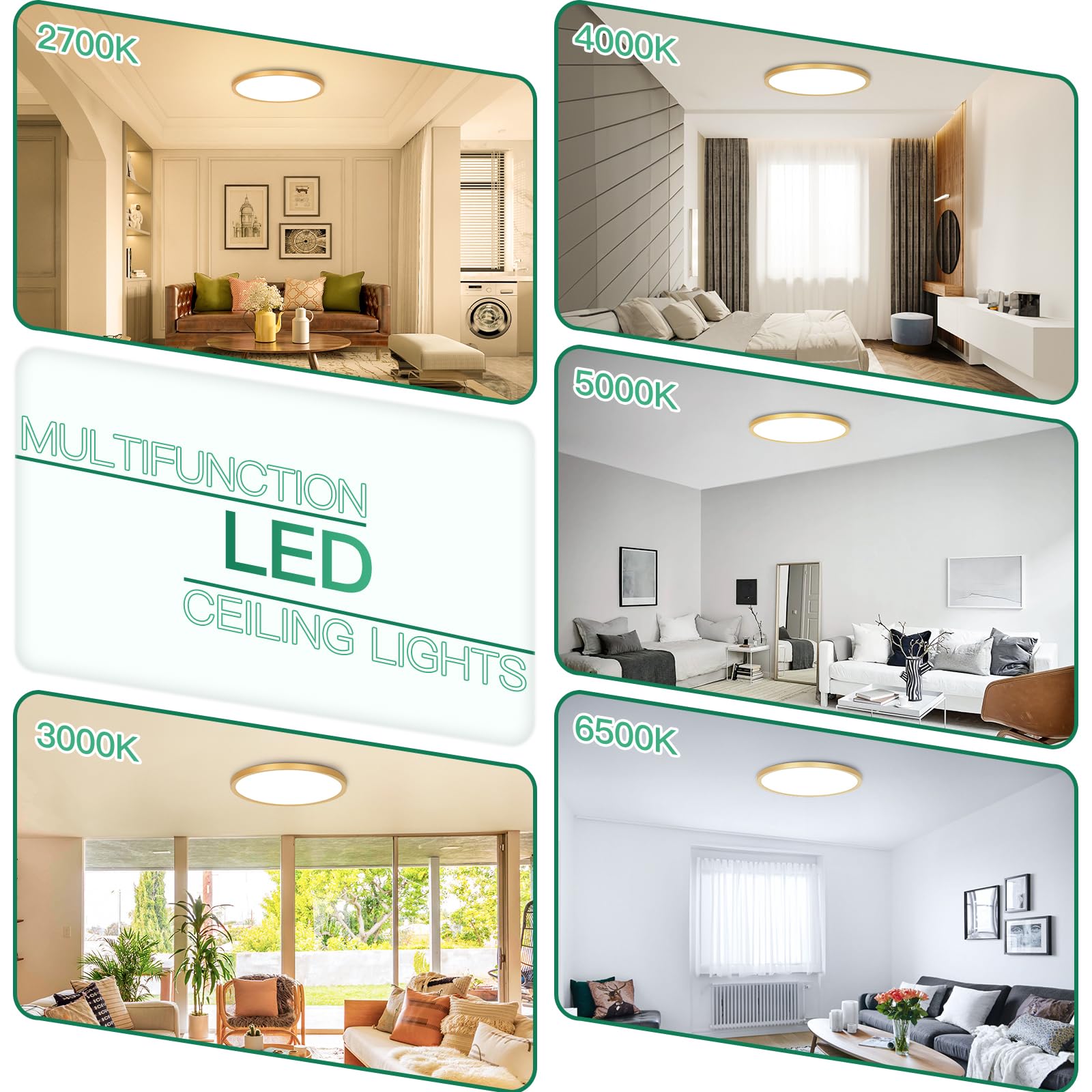 Brightever Gold Led Flush Mount Ceiling Light Fixture  12 Inch 24W  Super Slim 0.67 Inch 3200Lm Led Ceiling Lights  Dimmable & 2700K-6500K 5 Color In One Ceiling Lamp For Bedroom  Porch  2 Packs