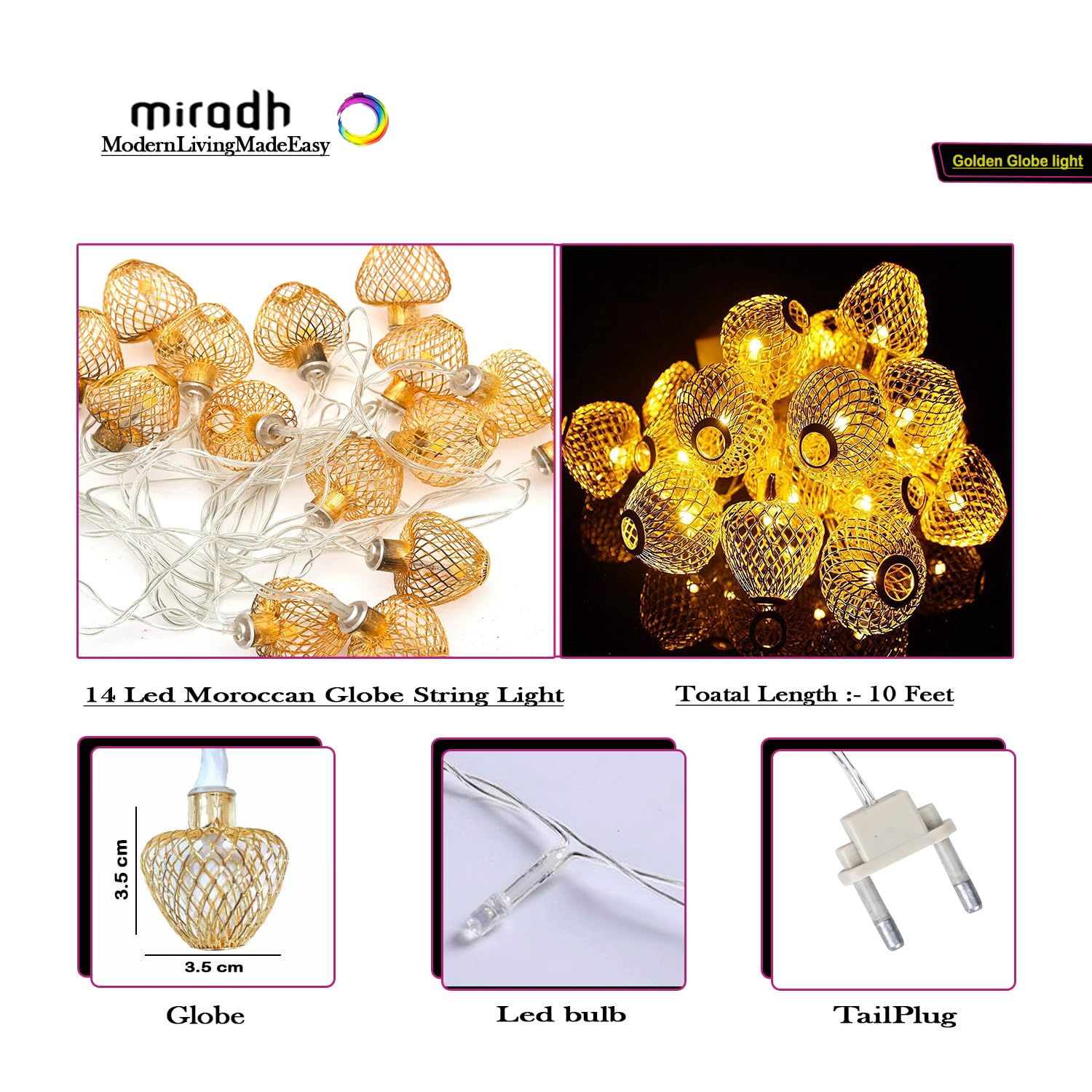 MIRADH String Lights Moroccan Ball Multicolor 11ft 16LED Globe Fairy String Light Orb Lantern Christmas Lighting for Diwali, Out