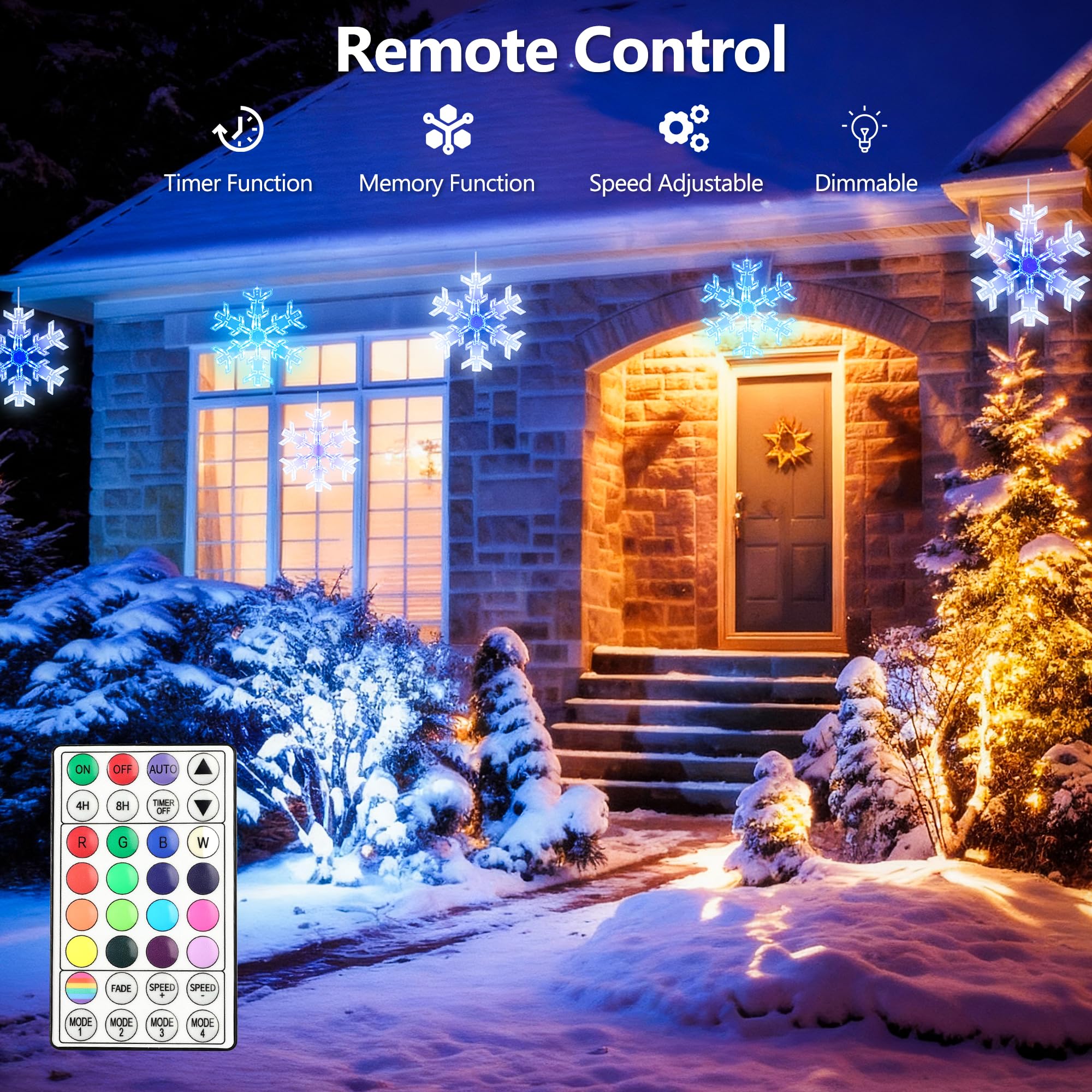 BrizLabs Christmas Window Lights - 2 Pack, 12in Snowflake, RGB Color Changing, 61 Modes, Remote Control for Indoor/Outdoor Decor