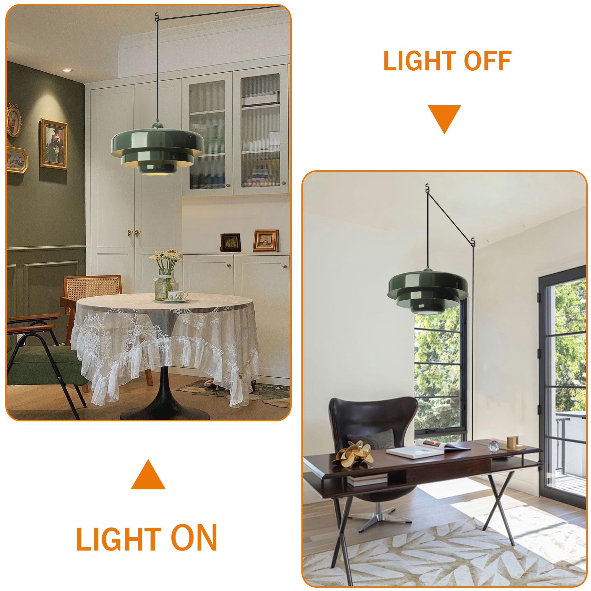 DoungRos Green Pendant Light Fixture - 16FT Plug-in Cord, 3-Layer Shade, Mid Century Modern for Bedroom, Dining Room, Living Room - Model DR011