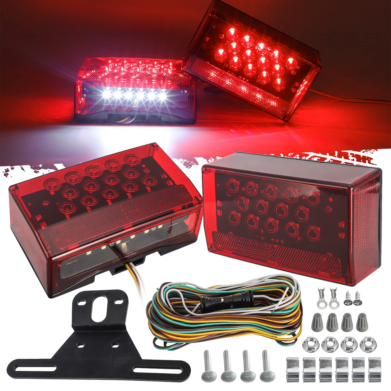Partsam 6 Rectangular LED Combination Tail Lights Kit Red  12V LED Submersible Sealed Rectangular Boat Trailer Stop Turn Tail License Plate Brake Running Light Kit w/25ft Wiring Harness 4Pin+Bracket