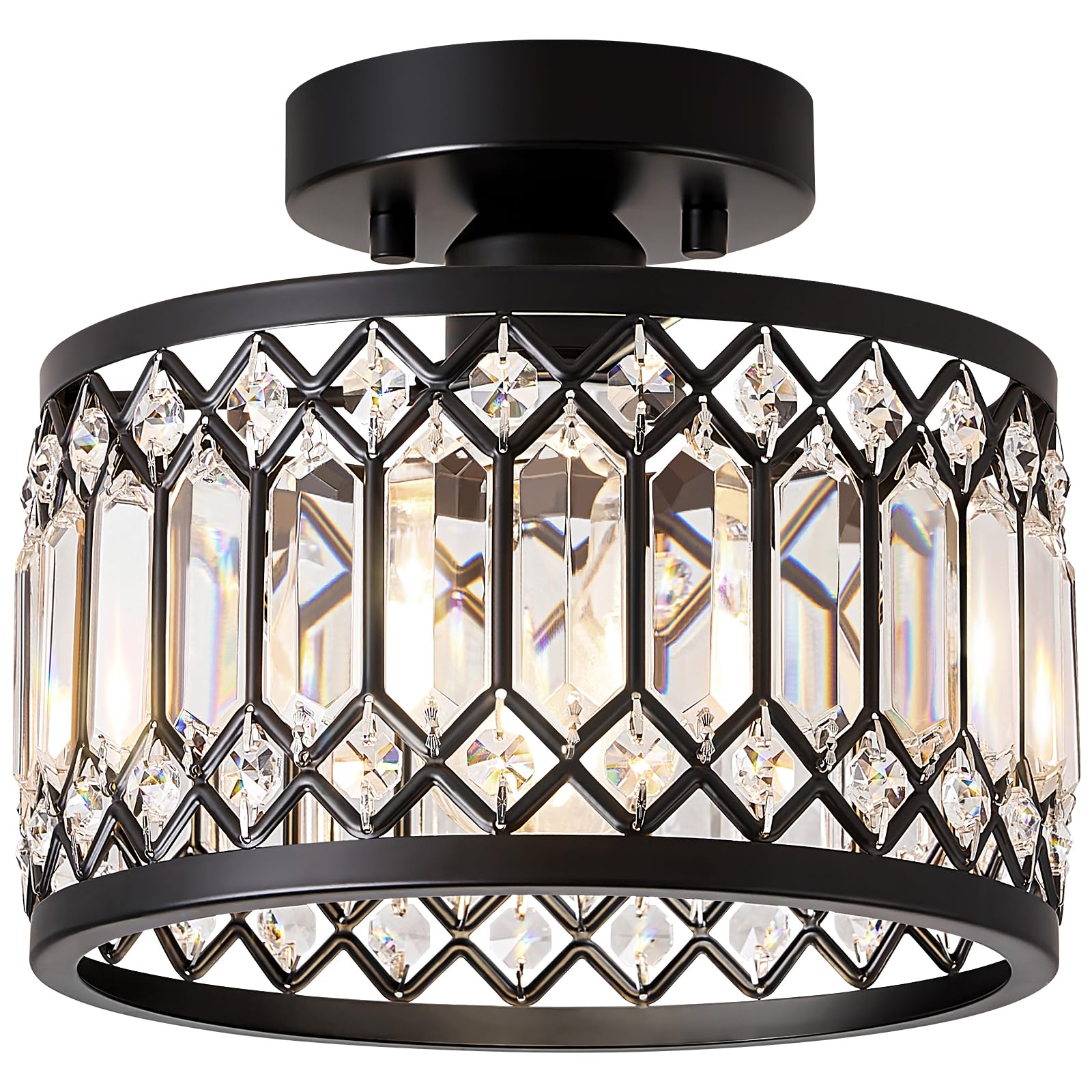 Yurnyq Crystal Ceiling Light Fixture, Modern Semi Flush Mount Ceiling Light, Black Lighting Fixtures Ceiling Lamp For Hallway, K
