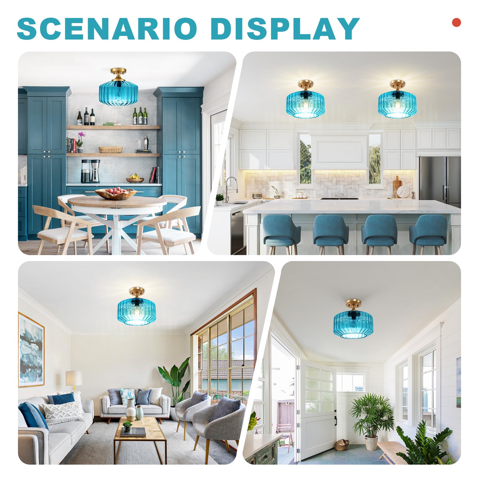 Qepeety Blue Glass Flush Mount Ceiling Light  11.02 Vintage Gold Chandelier Hallway Lights Fixture  Modern Close To Ceiling Lighting For Bathroom Bedroom  Compatible With E26 Bulb (Bulb Not Included)