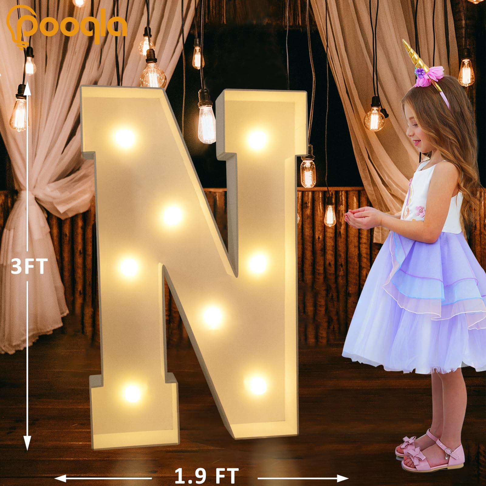 Pooqla 3FT Marquee Light Up Letter N, Cool White & Warm White LED Giant Sign for Birthday, Wedding Party Decoration