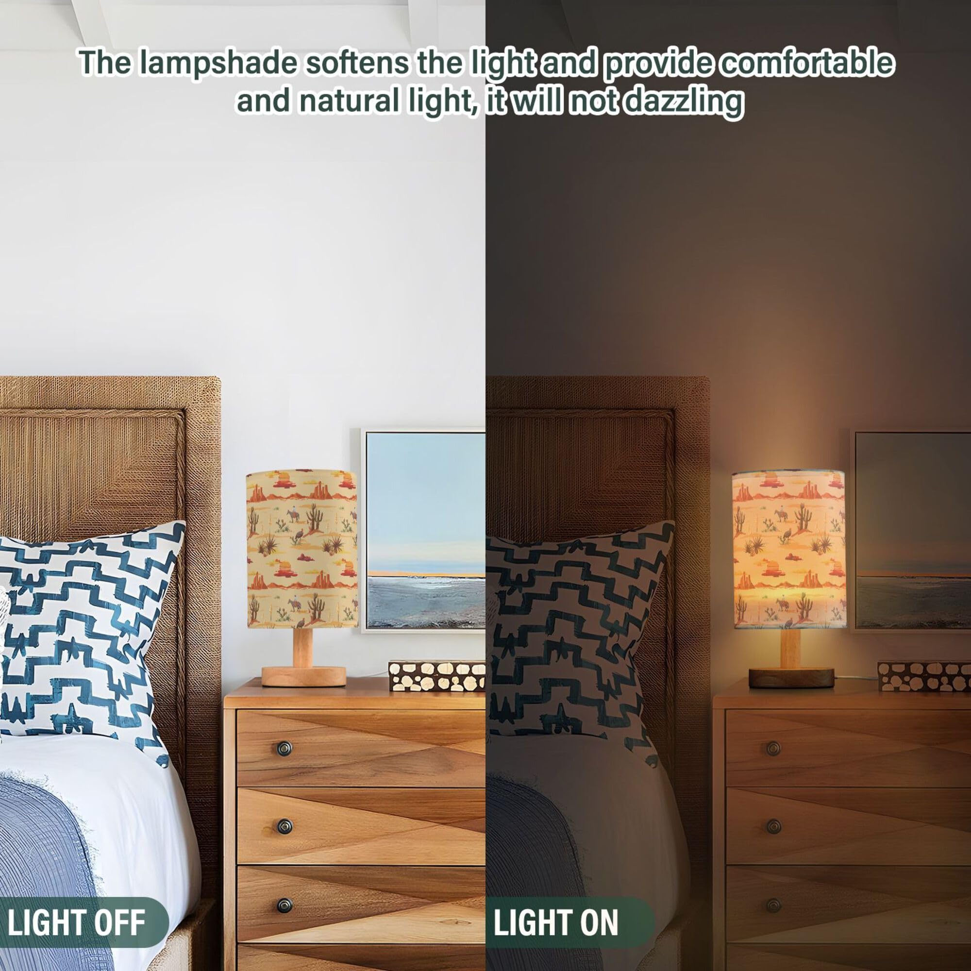 Yyzzh Table Lamp Vintage Desert Sunset Pattern Cactus Mountain Cowboy Horse Turkey Nightstand Lamp With Wood Base Fabric Lamp Sh