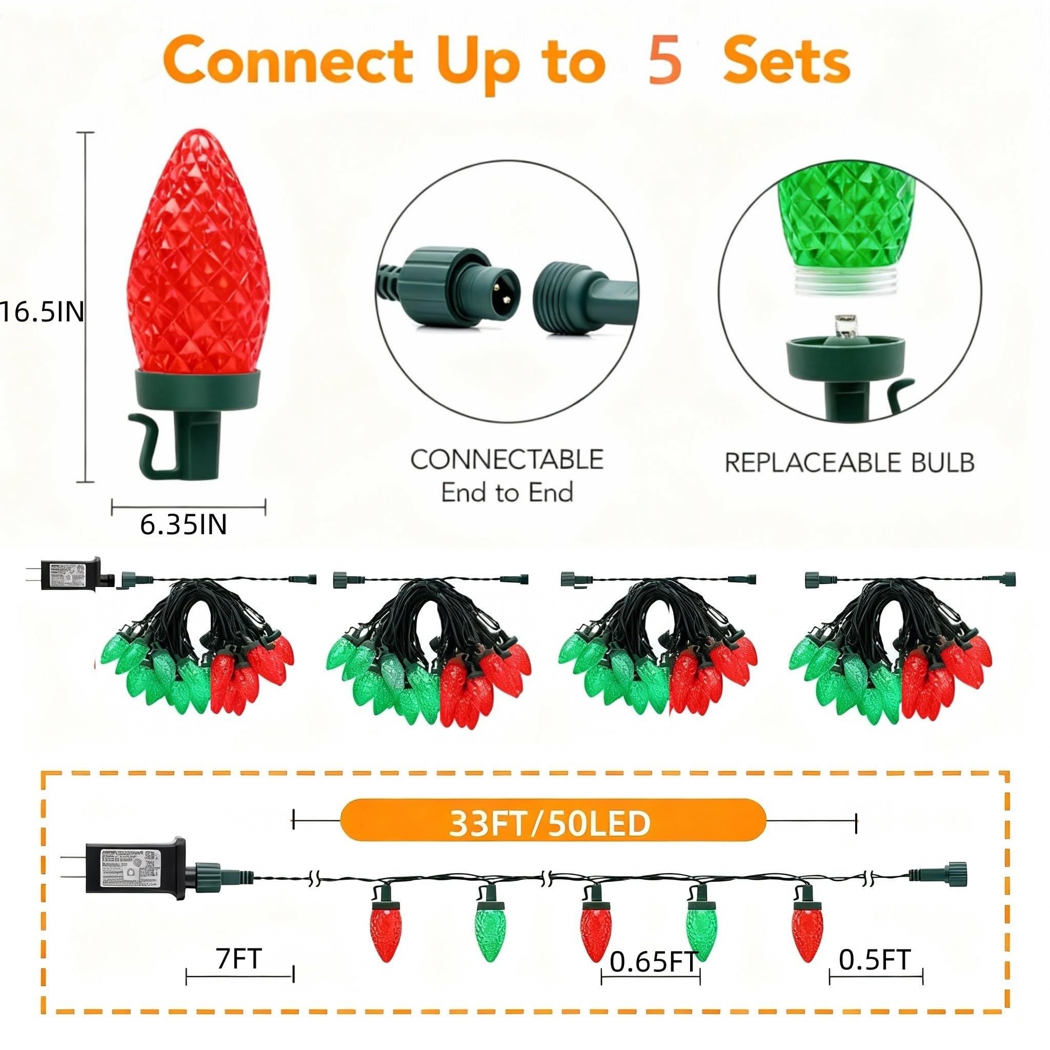 Ucutely C9 Led Christmas Lights Outdoor 33 Feet 50 Led 8 Lighting Modes Waterproof Connectable Christmas String Lights For Outside Roofline Patio Home Xmas Decorations (Red & Green)