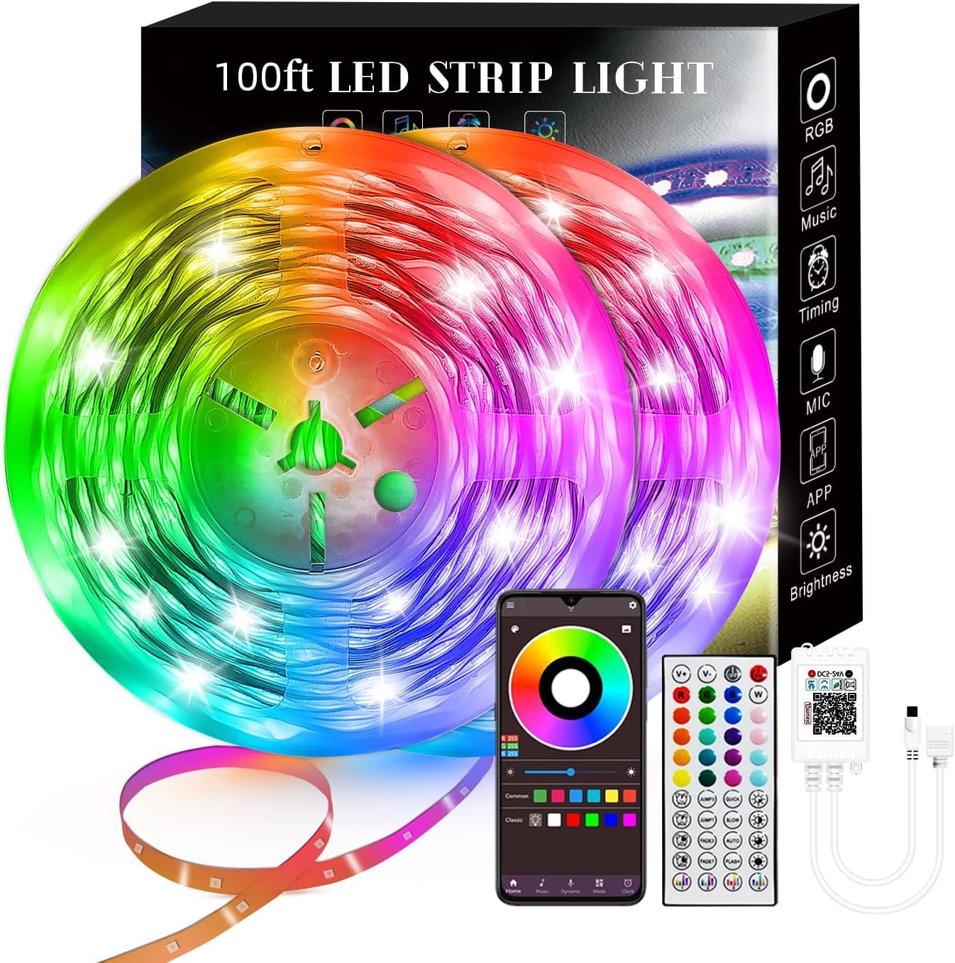 100Ft Smart Led Strip Lights (2 Rolls Of 50Ft), Rgb Strip Lights Sync To Music With 40 Key Remote Controller Led Lights For Bedr