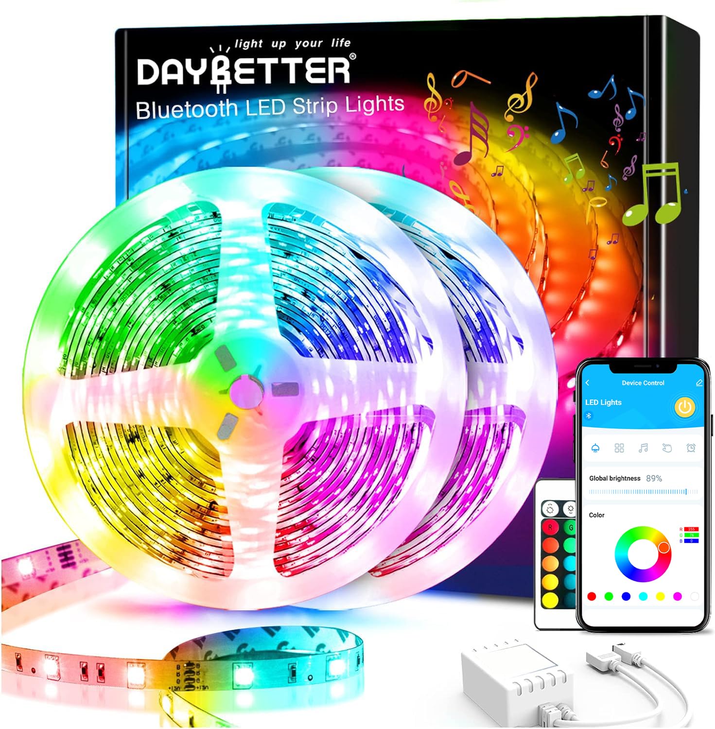DAYBETTER RGB LED Music Strip Lights Kit, 60ft (2 Rolls of 30ft), Bluetooth Control, Multi-Color, Model FLSLB5031802RGB-DBUS