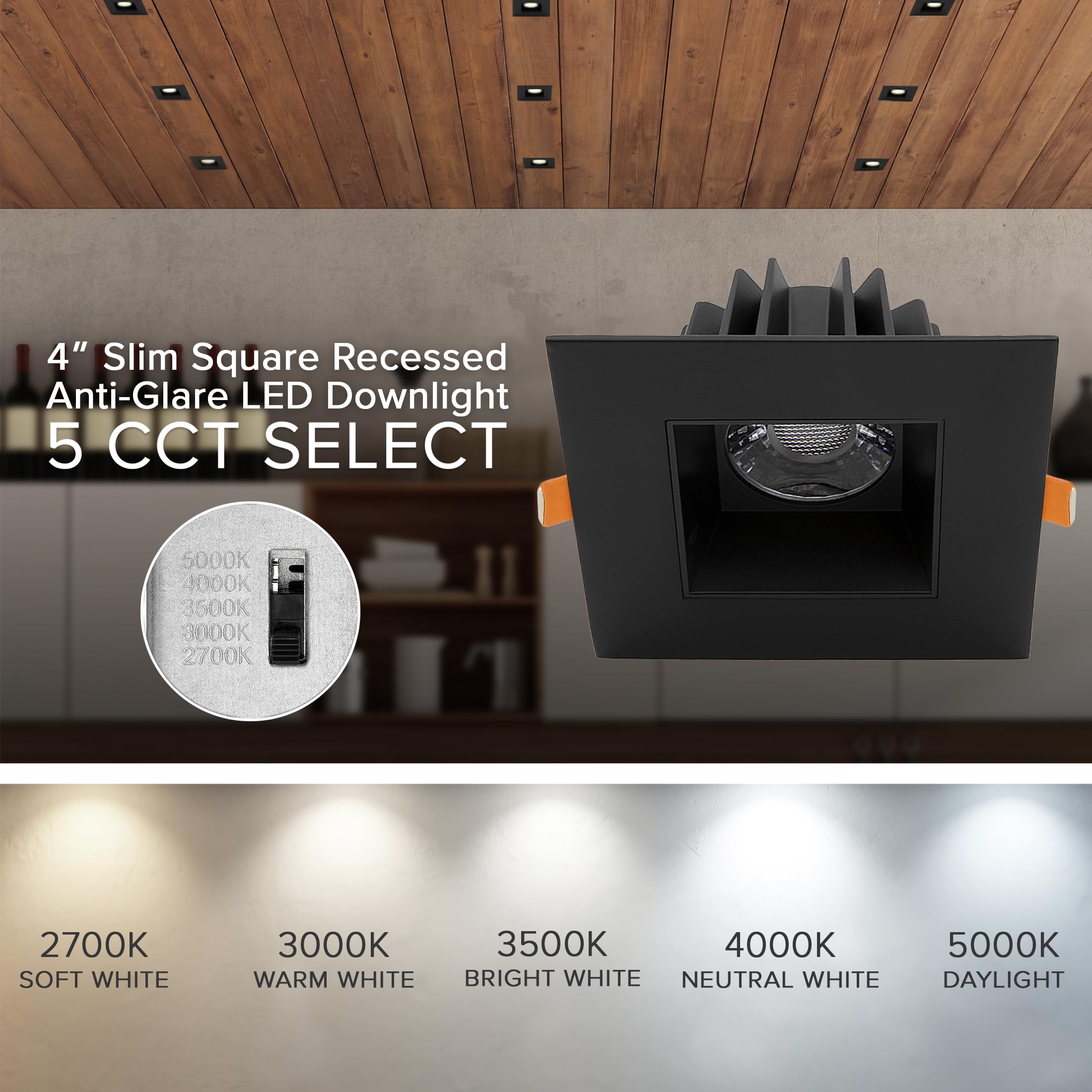 Maxxima 4 In. Ultra-Thin Recessed Anti-Glare Led Downlight Canless Ic Rated 1050 Lumens 5 Cct 2700K/3000K/3500K/4000K/5000K, Dimmable Square Black Trim, 90 Cri, J-Box Included