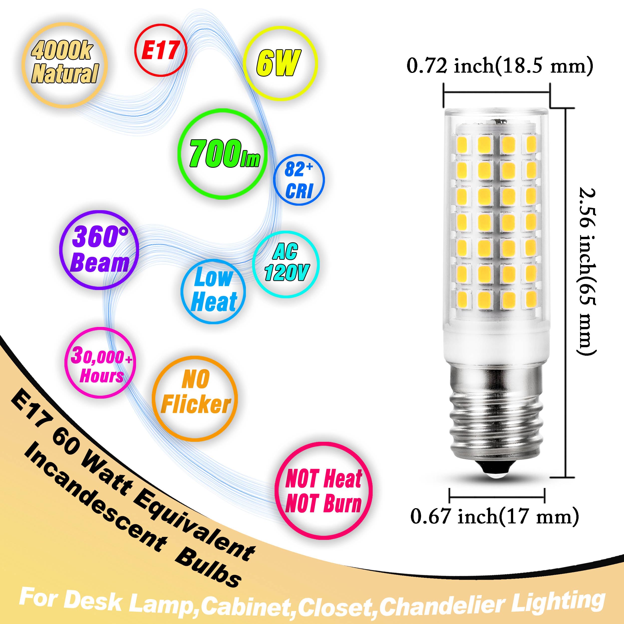 Heifymi E17 Intermediate Base Light Bulb 6W (60W Halogen Equivalent) 4000K Natural White 700Lm 120V Led Ceiling Fan Bulb For App