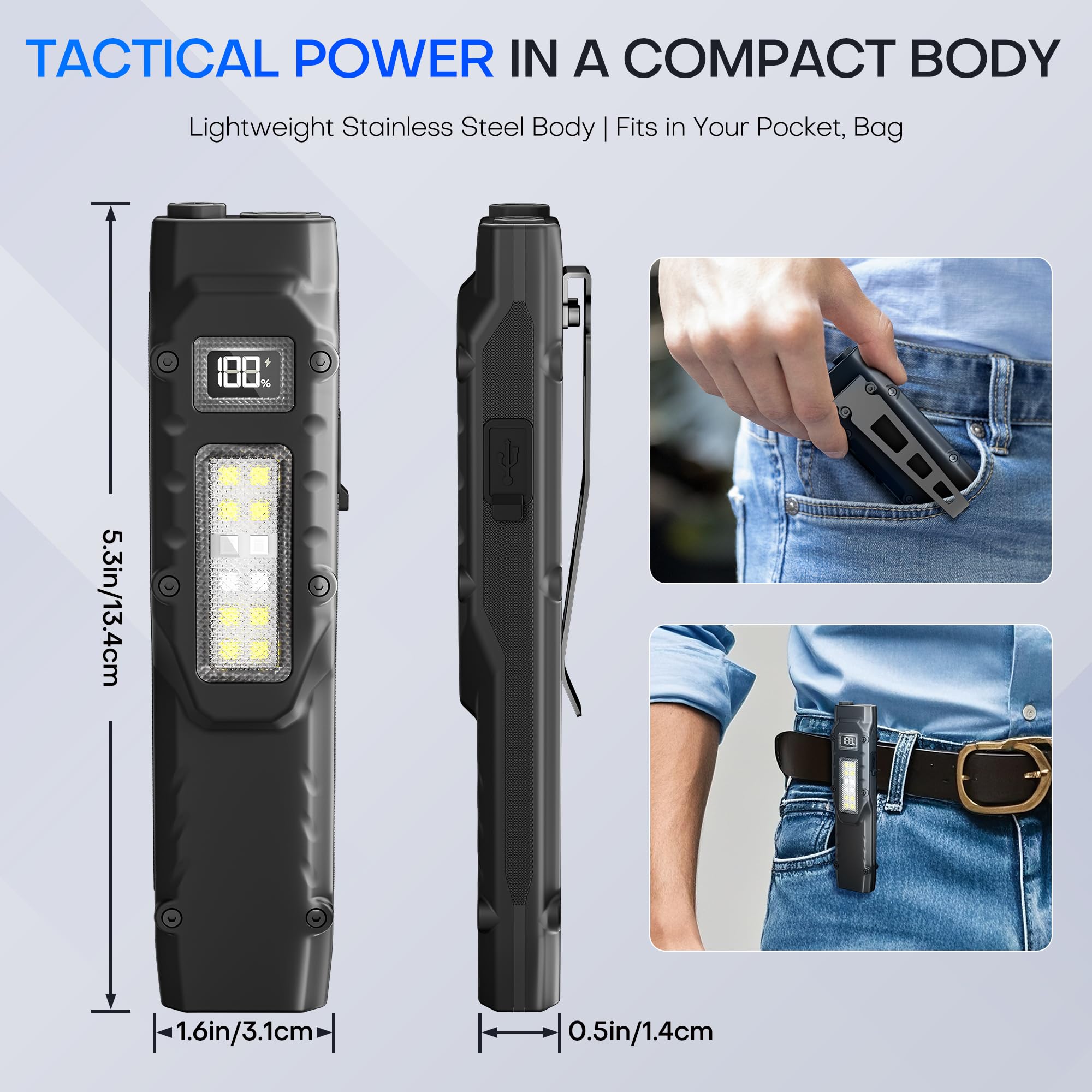 PASIION EDC Tactical Flashlight 1500 Lumen, Rechargeable, Dual-Switch, Stainless Steel, Cool White 6000K-7000K, Model FL05T-A,