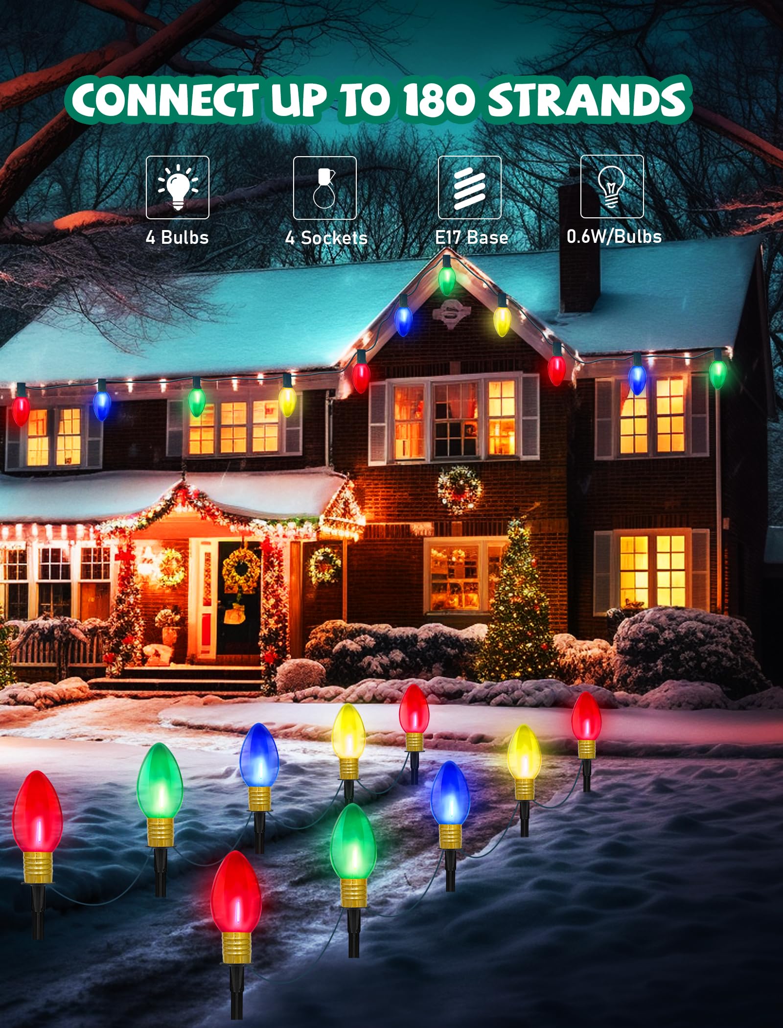Cbebew C9 Outdoor Christmas Pathway Lights, Set of 4, Clear Multicolored Jumbo LED, 7Ft Connectable, Plastic, Holiday Yard Decor