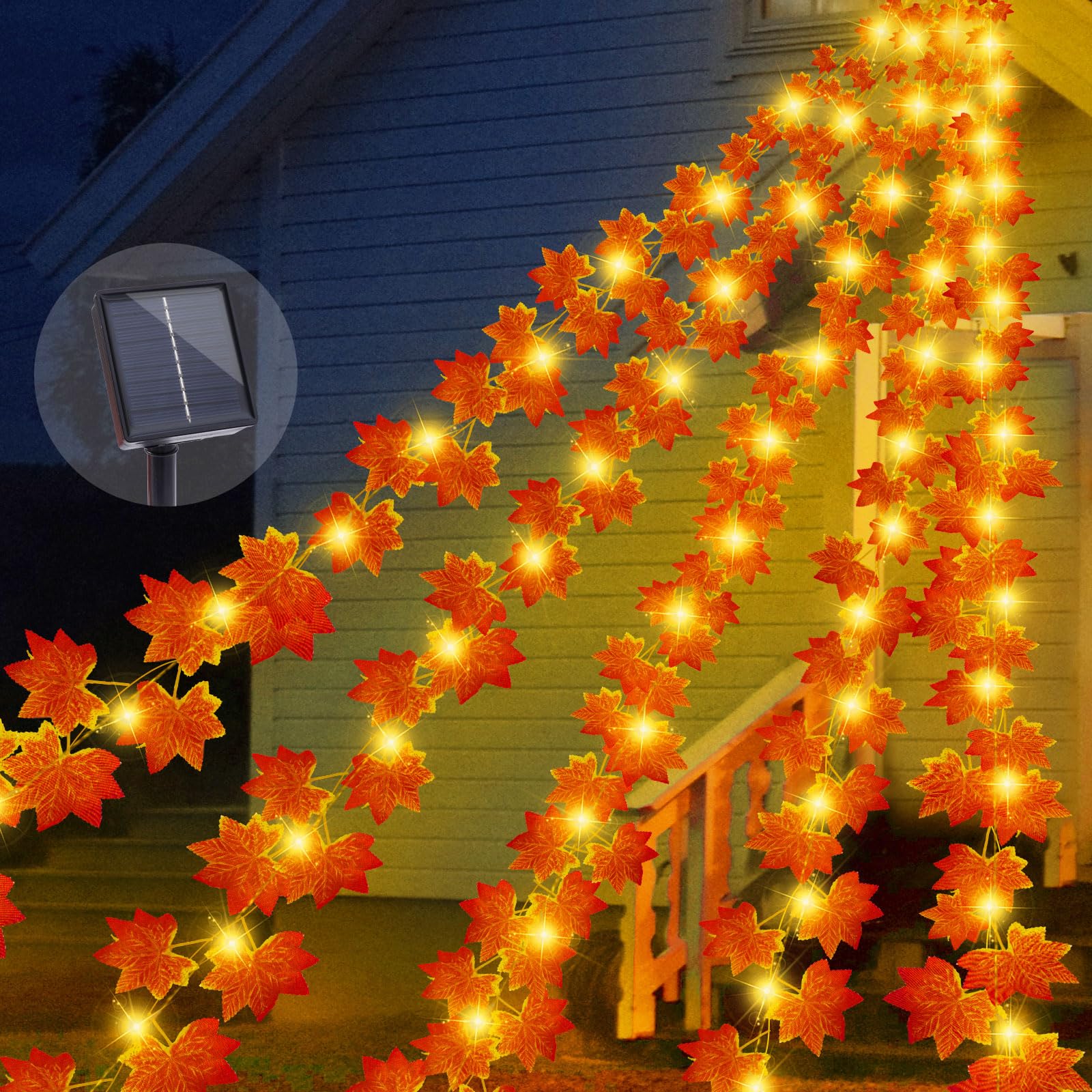 13.5FT*5 Branches Maple Leaf with Fairy Lights, Solar Powered Autumn Fall Decor String Lights, 8 Modes Waterproof Triangular Tha