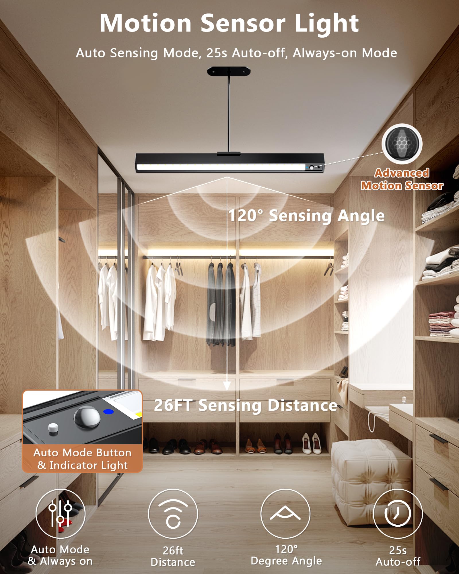 Rechargeable Motion Sensor Ceiling Light, Full Metal Pendant Lights, Battery Operated Led Closet Lights With Remote, Timer - 3 C