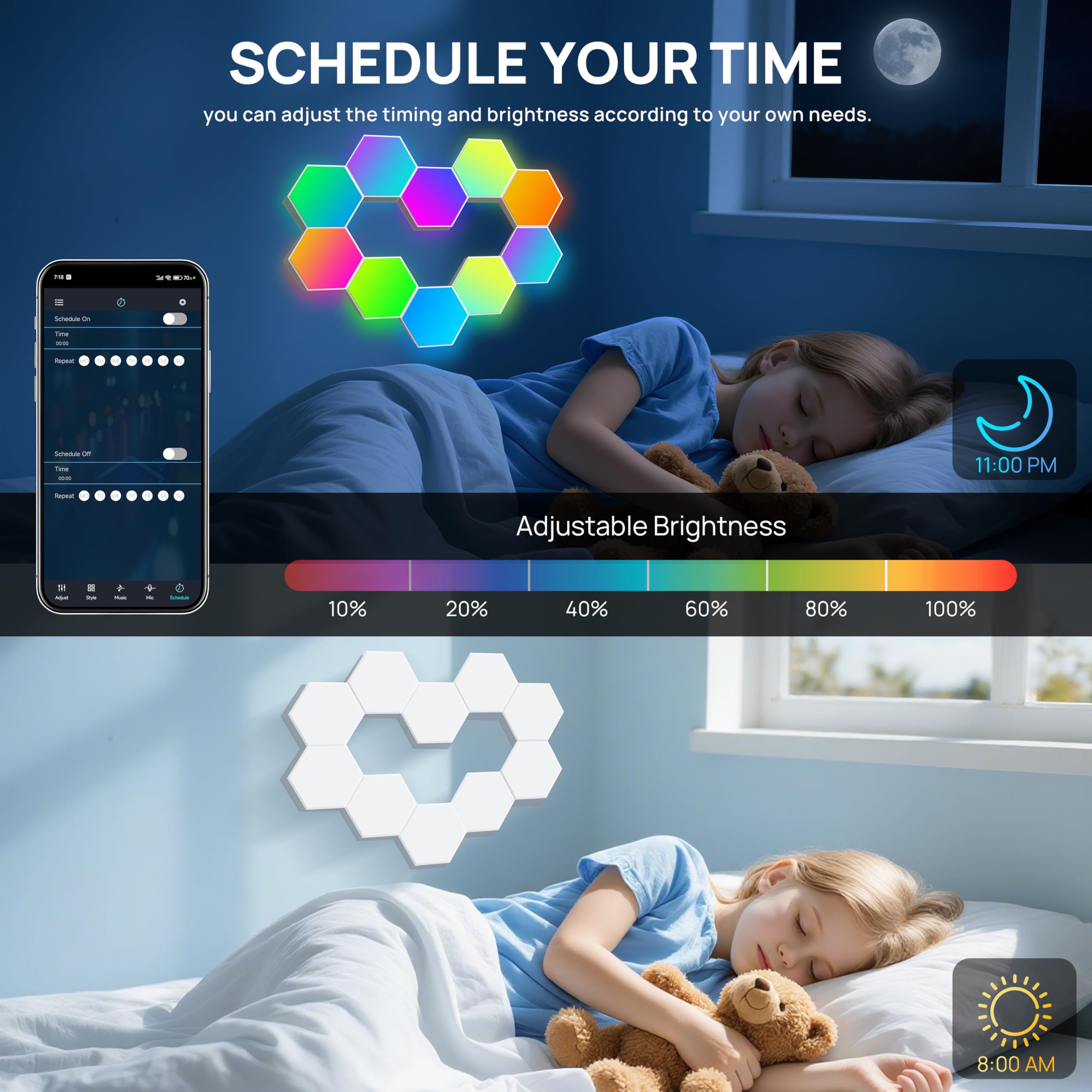 KORORO Hexagon LED Lights - 8 Pack Smart APP RGB Gaming Light with Remote Control & Music Sync Honeycomb Shape Hex Lights for Bedroom  Living Room Wall  Gaming Decor