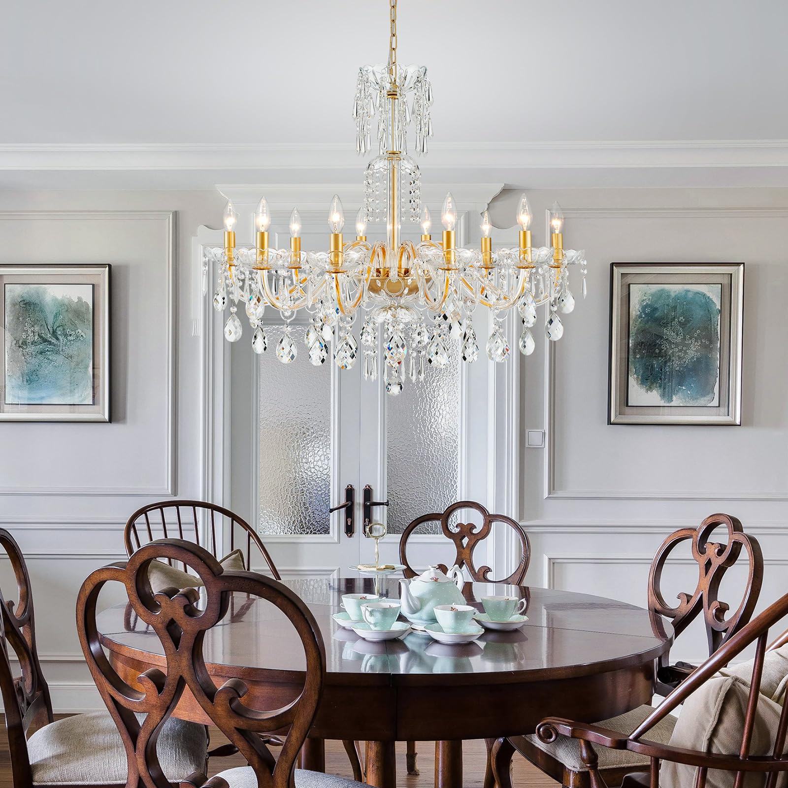 Wuzups 10-Light Crystal Candle Chandelier Pendant Ceiling Light Modern Lighting Fixture For Bedroom Hallway Bar Kitchen Bathroom  H 26.7 W 33.9  E12 Base  Gold