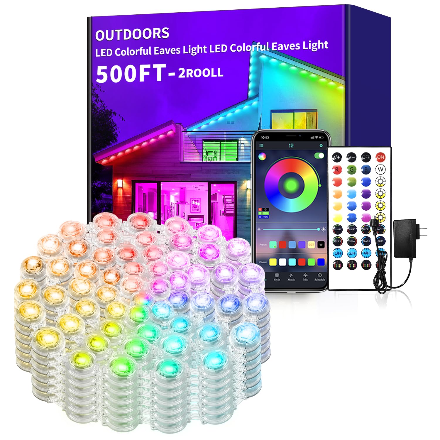 Yocrostar 500Ft Permanent Outdoor Lights,Rgb Eaves Lights With App Control Remote,Diy Ip67 Waterproof Under Eave Lighting,Outsid