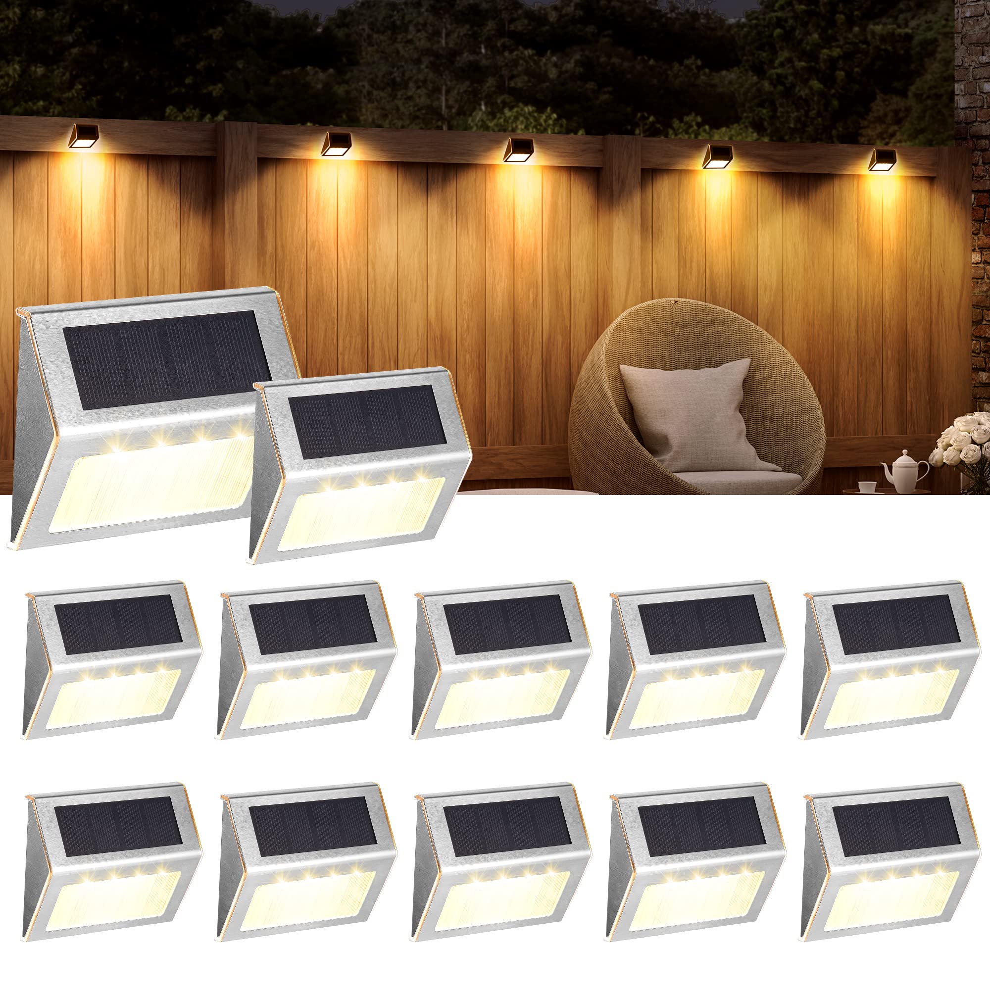 SOLPEX Solar Step Lights, 12 Pack Solar Stair Lights, Outdoor Fence Lighting, Solar Powered Deck Lights Waterproof 4 LEDs for St