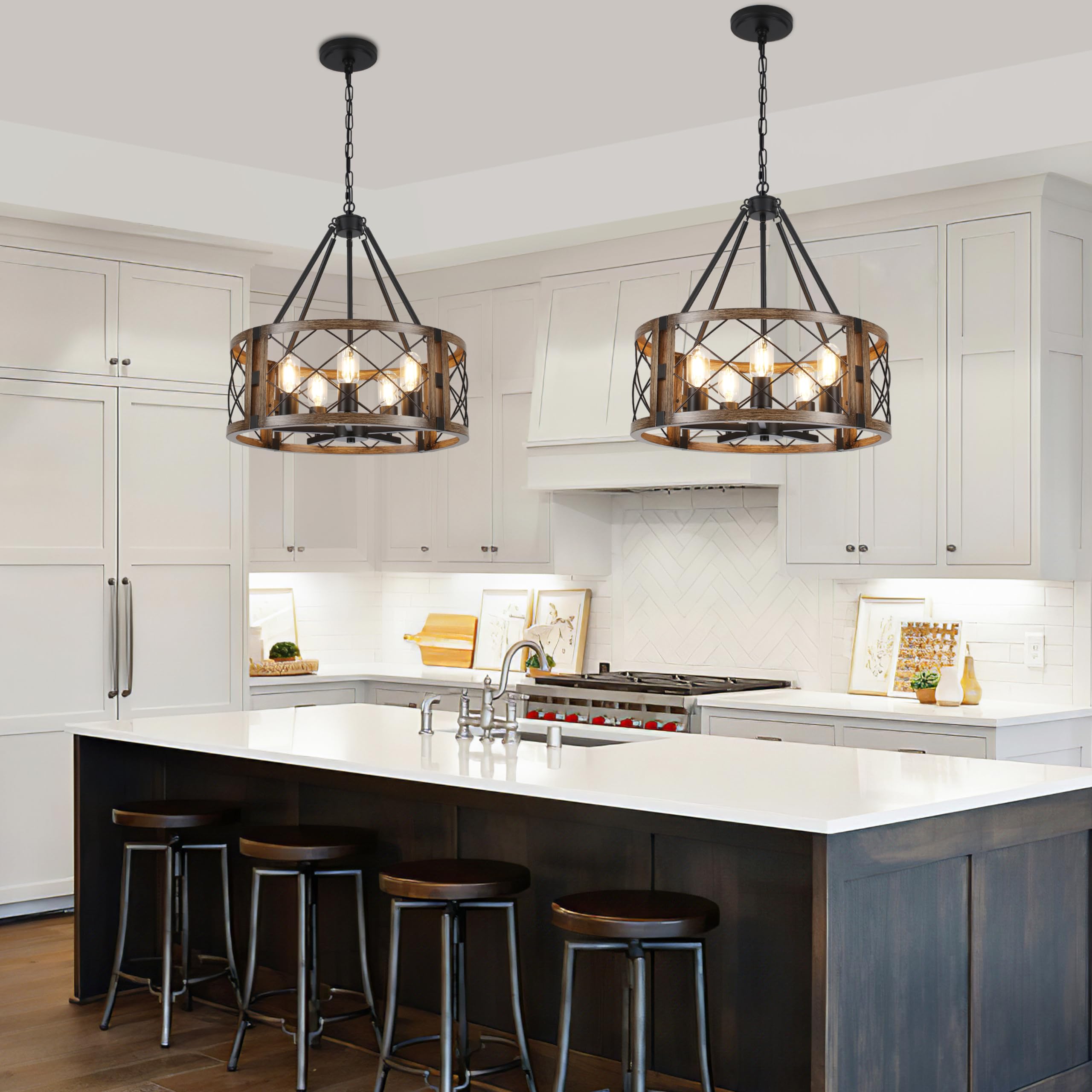 CWarmozy 5-Light Farmhouse Chandelier, 19.8" Adjustable Pendant Light, Black and Brown Wood Texture for Dining Room, Kitchen, Entryway