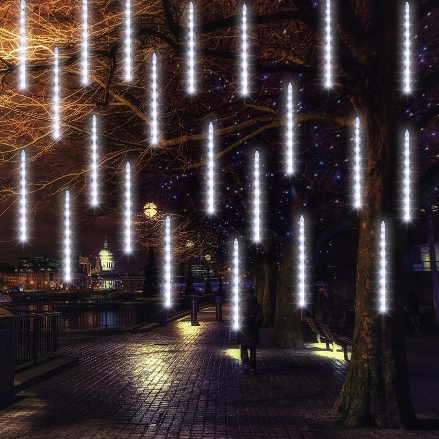 FUNPENY Meteor Shower Rain Lights, 288 LED Icicle Lights, White, Model HB-300COI, Outdoor Christmas Decoration