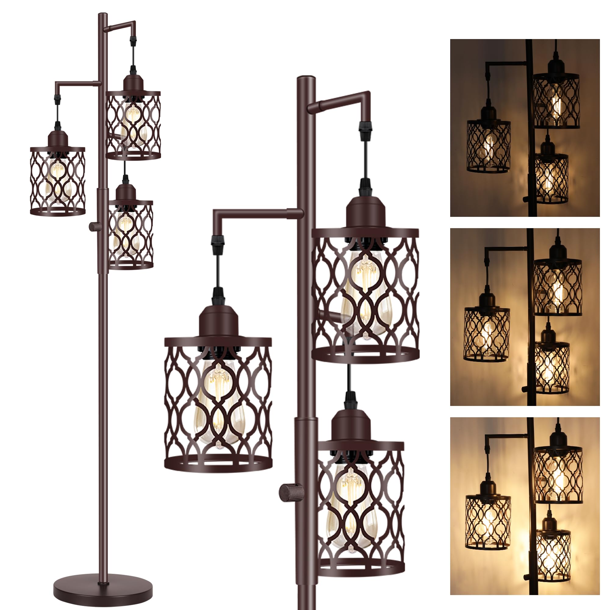 Rottogoon 68 Dimmable Industrial Floor Lamp, 3 Light Rustic Metal Design, Brown, Model Rodlldd24314, Includes 3 Pcs 6W E26 Bul