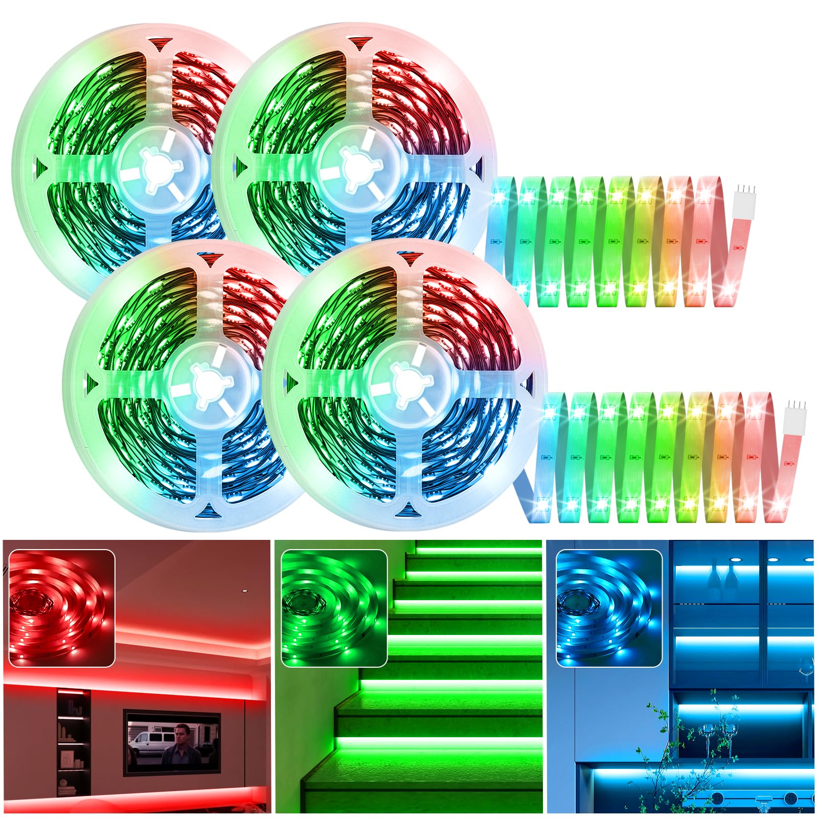 131.2ft LED Strip Lights(4 Rolls of 32.8ft),480LEDs 5050 RGB Color Changing LED Light Strips with 4-Pin Connector,Self-adhesive 