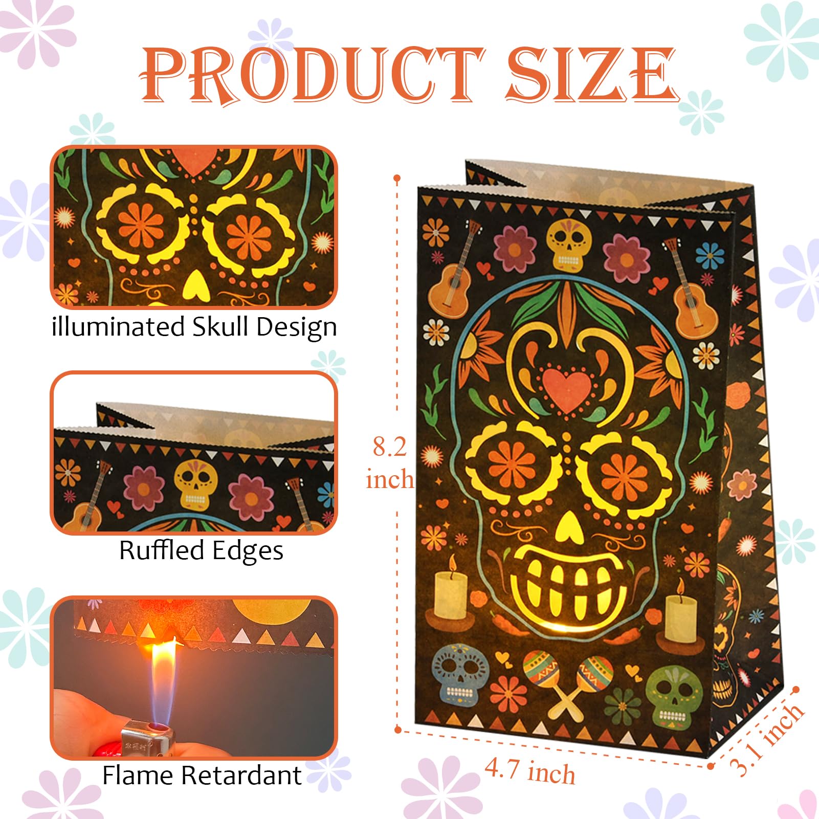 Antenda 30 Pcs Dia De Los Muertos Decorations Luminary Bags  Day Of The Dead Diwali Decor Flame Resistant Candle Bag - Halloween Candy Bag Mexican Fiesta Party Altar Favors Supplies