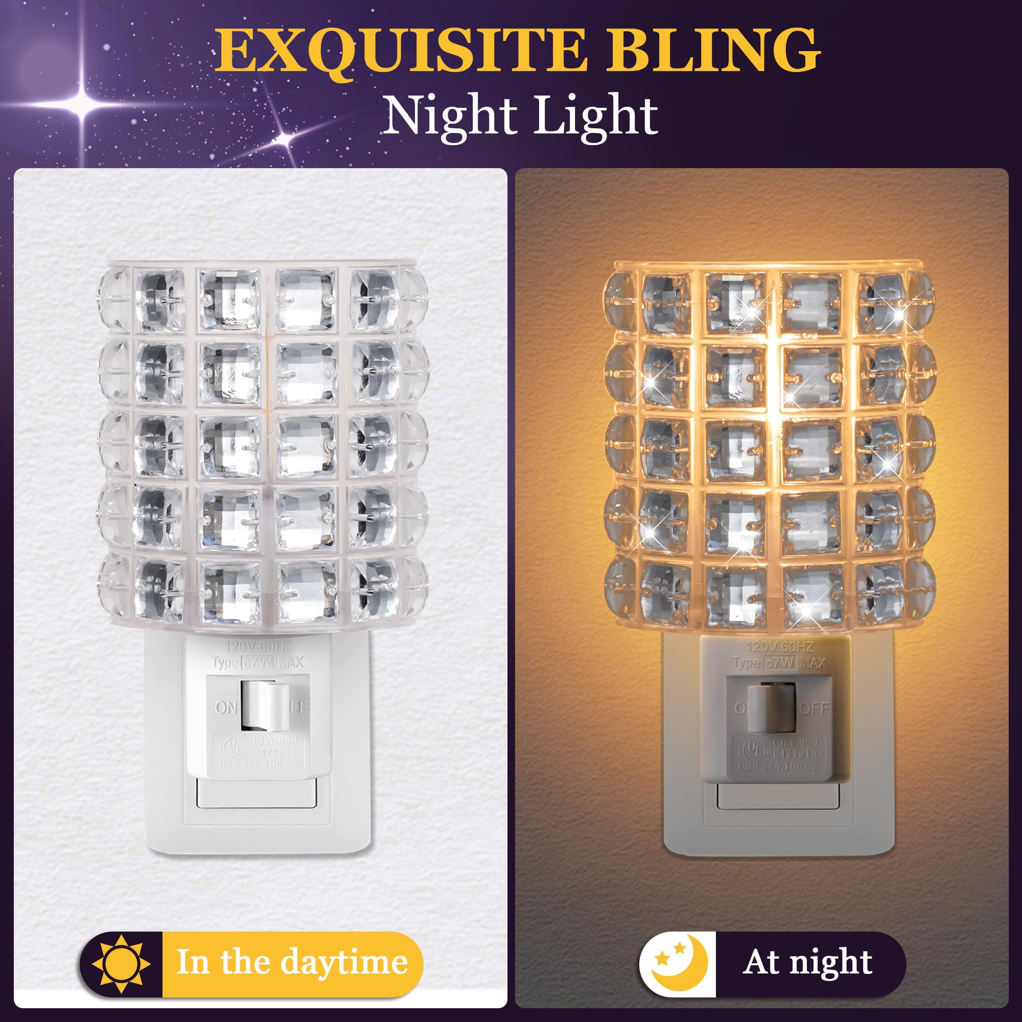 ElectricWise Crystal Night Light, Warm White, 360° Swivel Plug, Transparent Resin, Model ElectricWise-Lights-0028