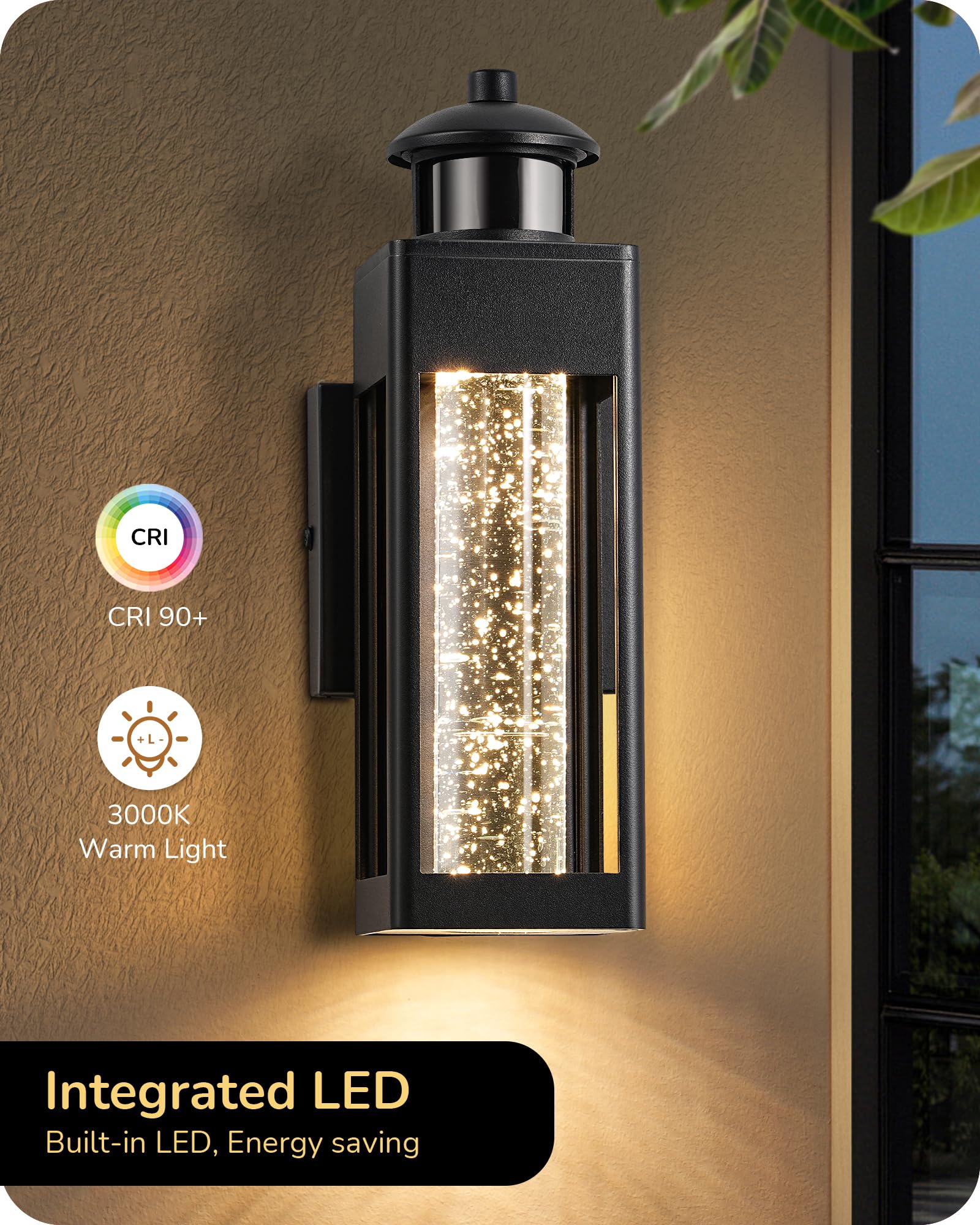 EDISHINE 2 Pack Modern Exterior Lighting Fixtures, LED Outdoor Light Fixtures Wall Mount, with Motion & Photocell Sensor, Crysta